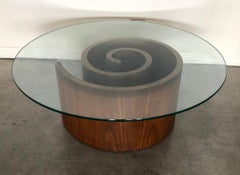 Vladimir Kagan Walnut Snail Coffee Table With Round Glass Top