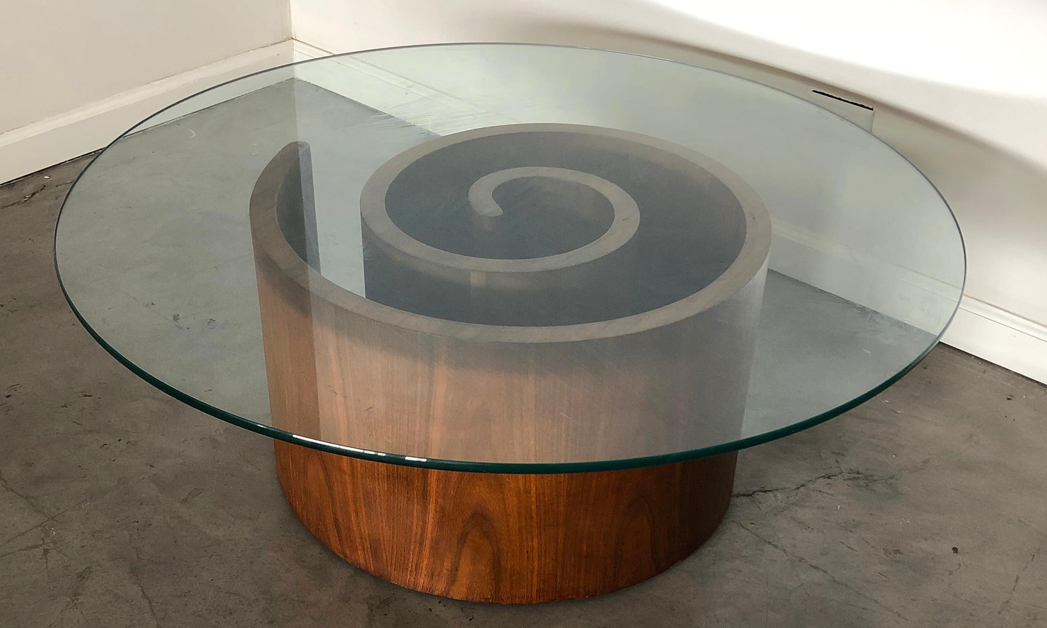 Mid-Century Modern Vladimir Kagan Walnut Snail Coffee Table With Round Glass Top