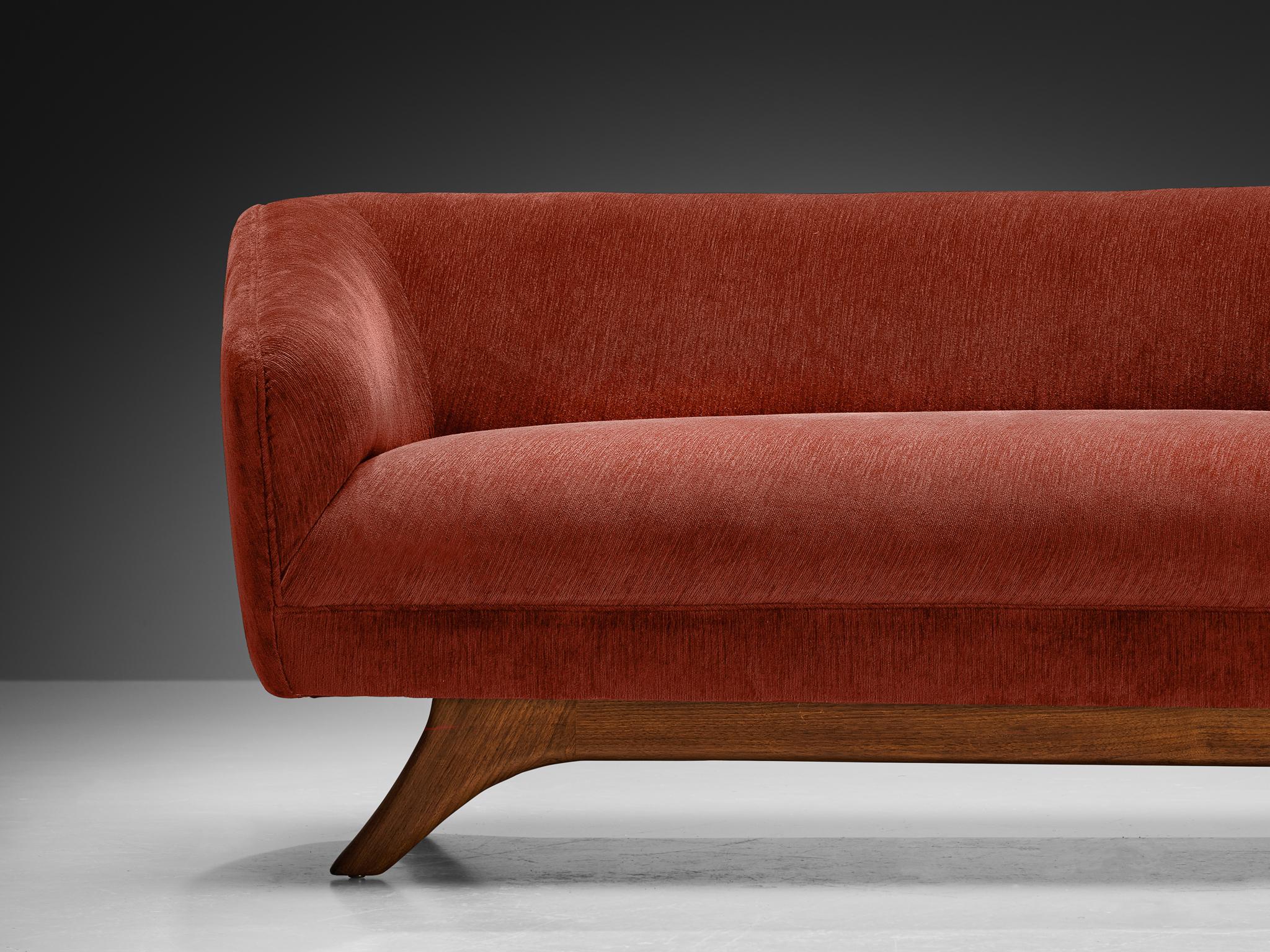 Fabric Vladimir Kagan 'Wide Angle' Sofa in Red Brown Upholstery and Walnut  For Sale