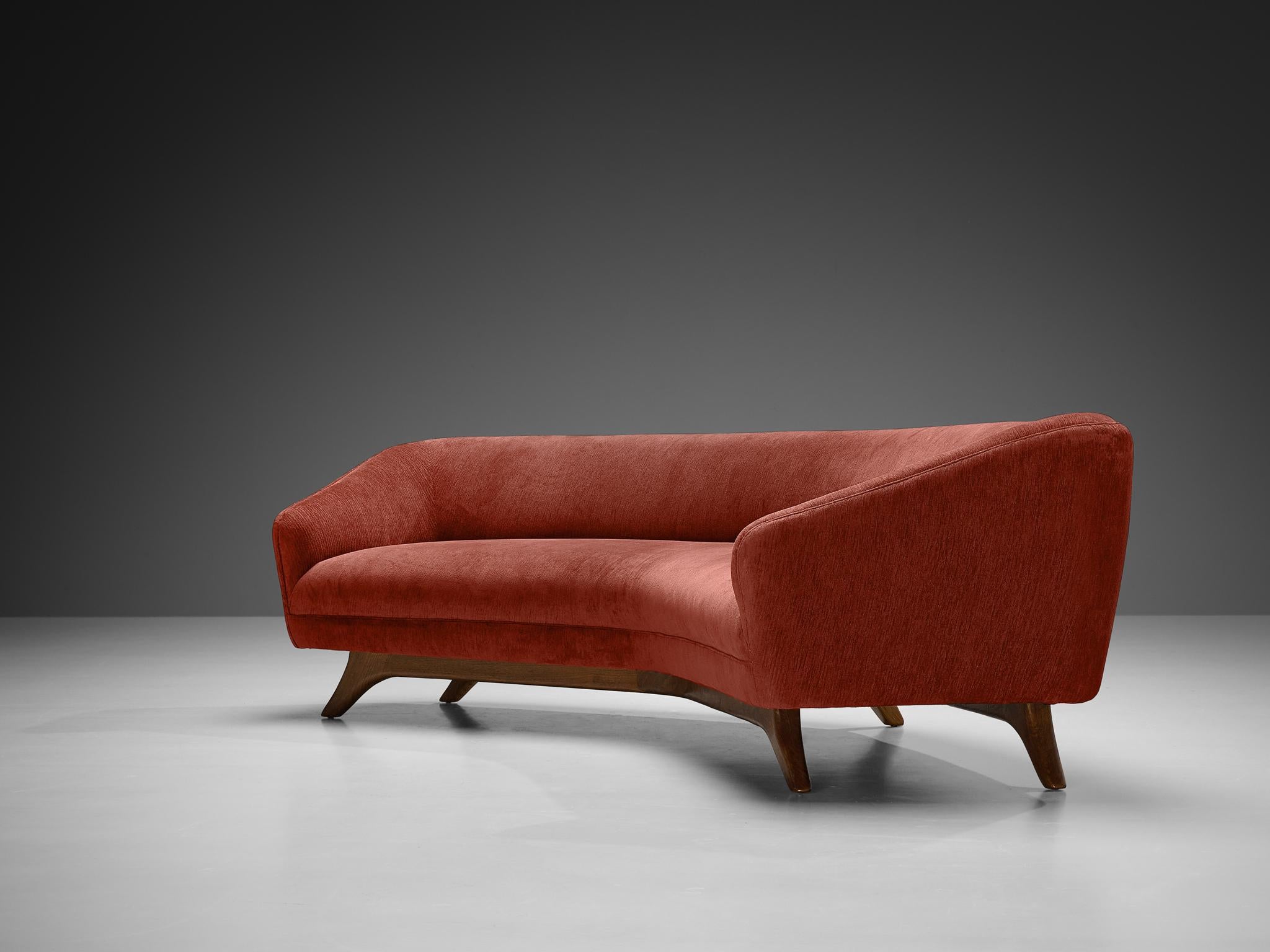 Vladimir Kagan 'Wide Angle' Sofa in Red Brown Upholstery and Walnut  For Sale 1