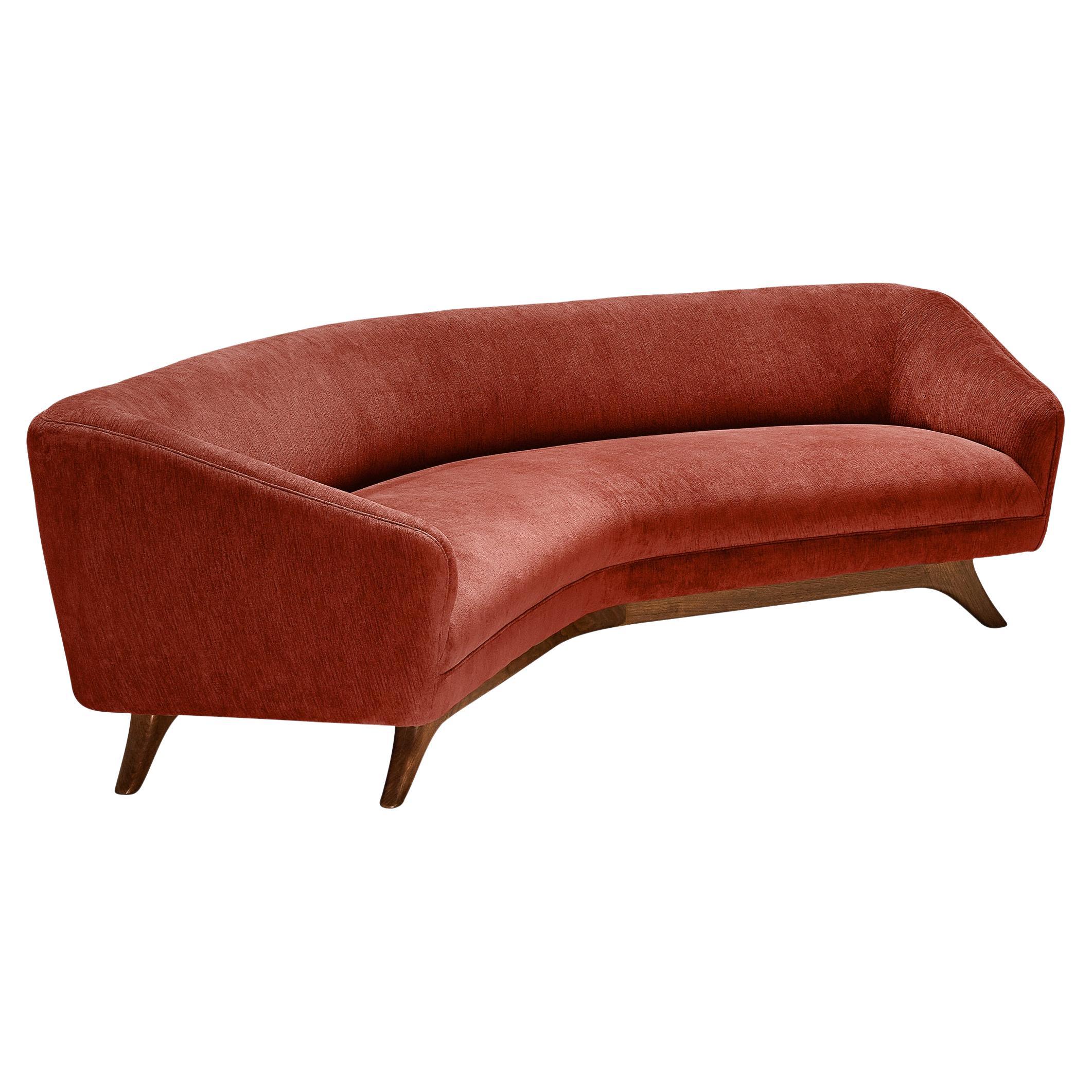 Vladimir Kagan 'Wide Angle' Sofa in Red Brown Upholstery and Walnut 