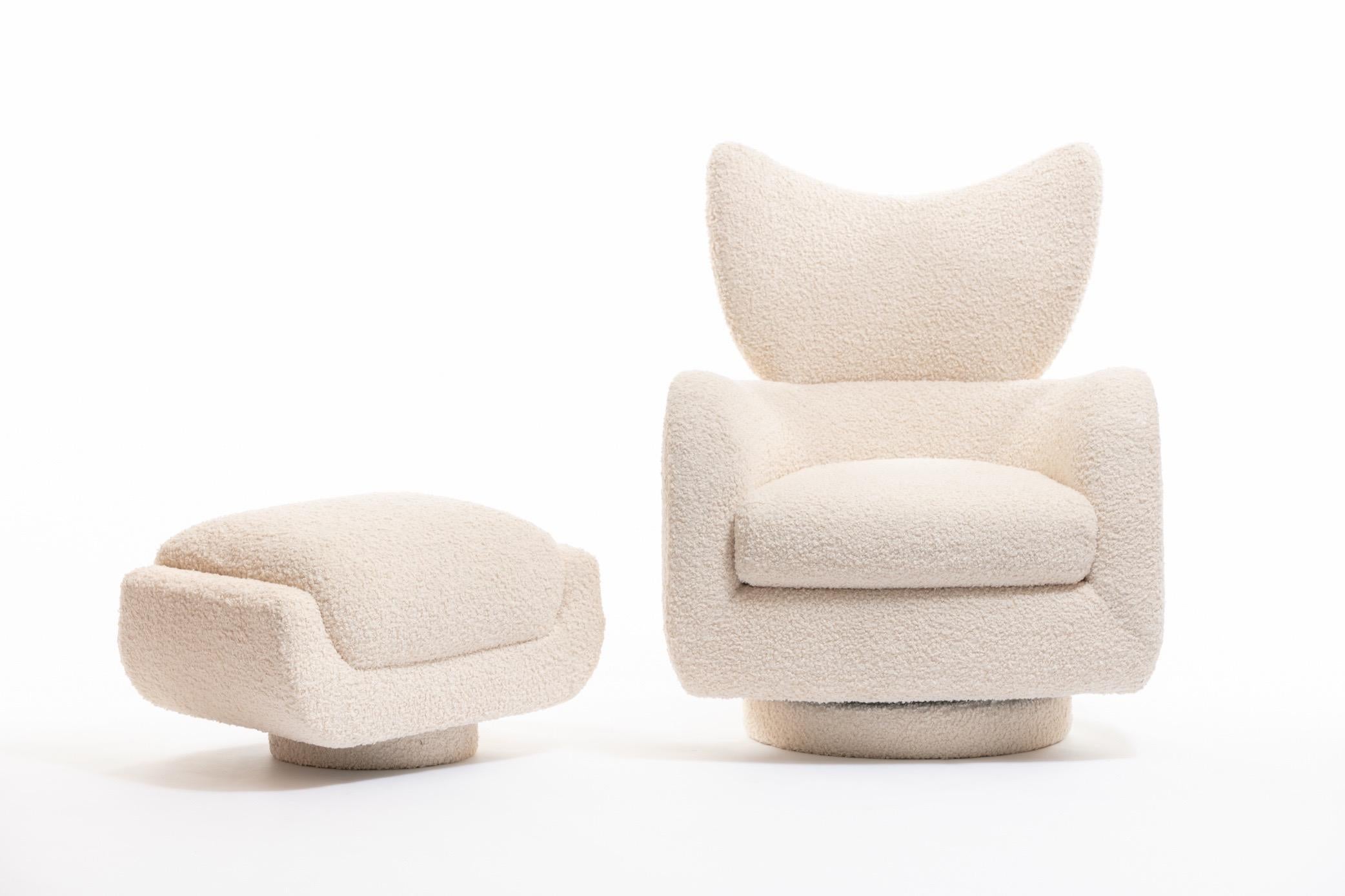 Vintage Vladimir Kagan wingback tilt and swivel lounge chair with matching ottoman, newly reupholstered in ivory bouclé fabric for Directional. Sculptural and classic Kagan design, this chair is surprisingly comfortable. Swivel and tilt. The seat