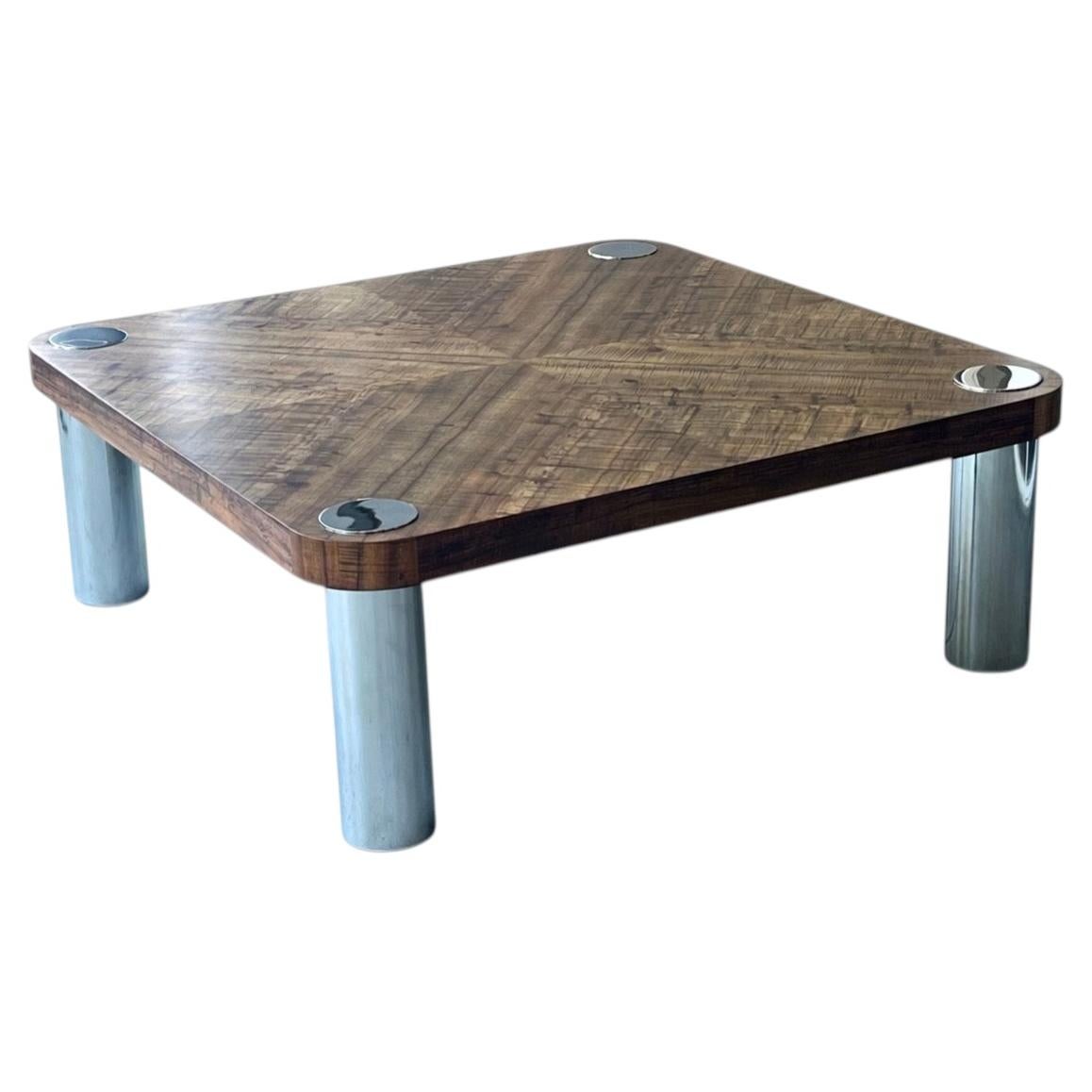 Vladimir Kagan Wood and Mirror Stainless Steel Coffee Table For Sale