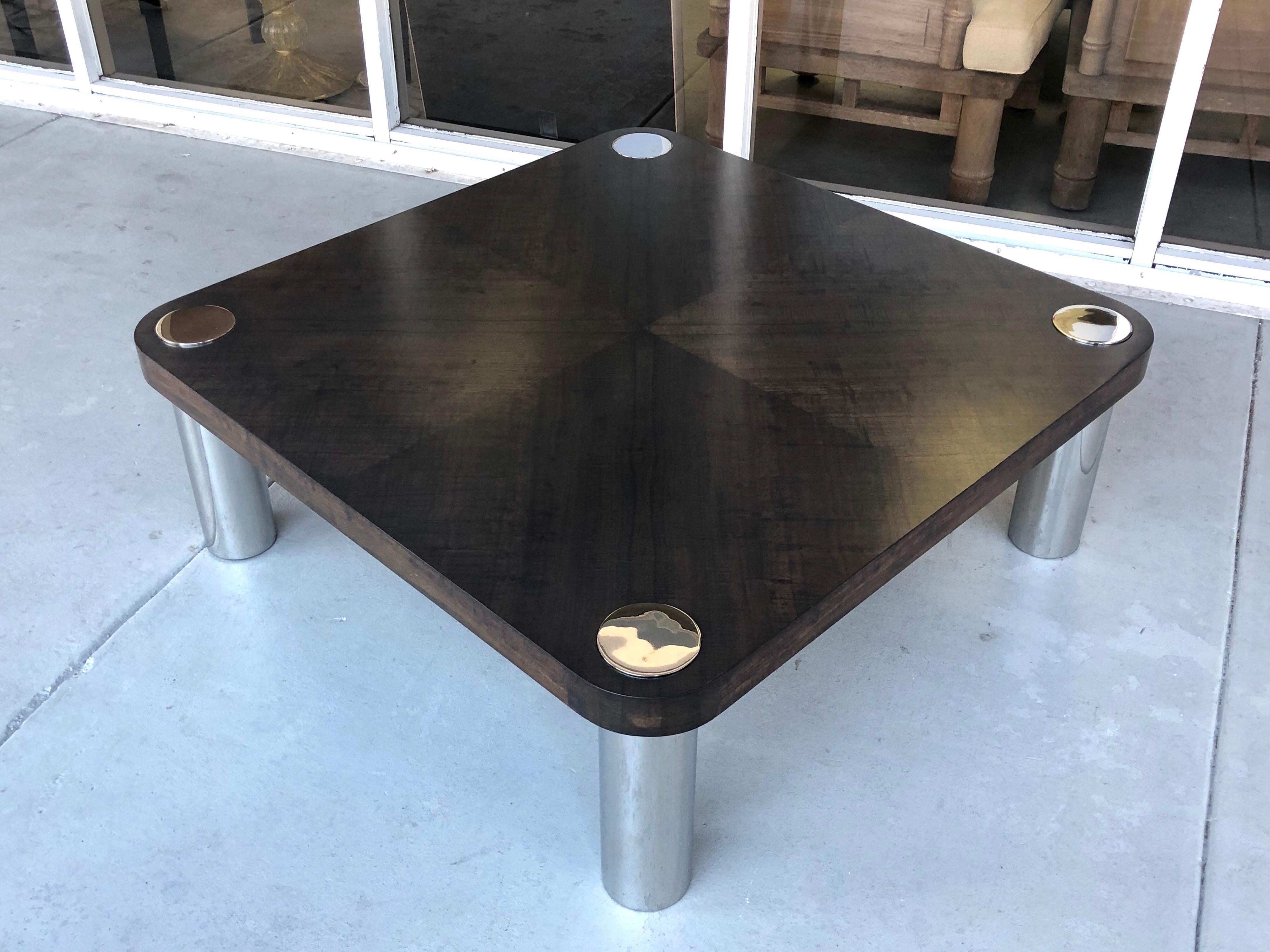 Polished Vladimir Kagan Wood and Stainless Steel Coffee Table, 1970s For Sale