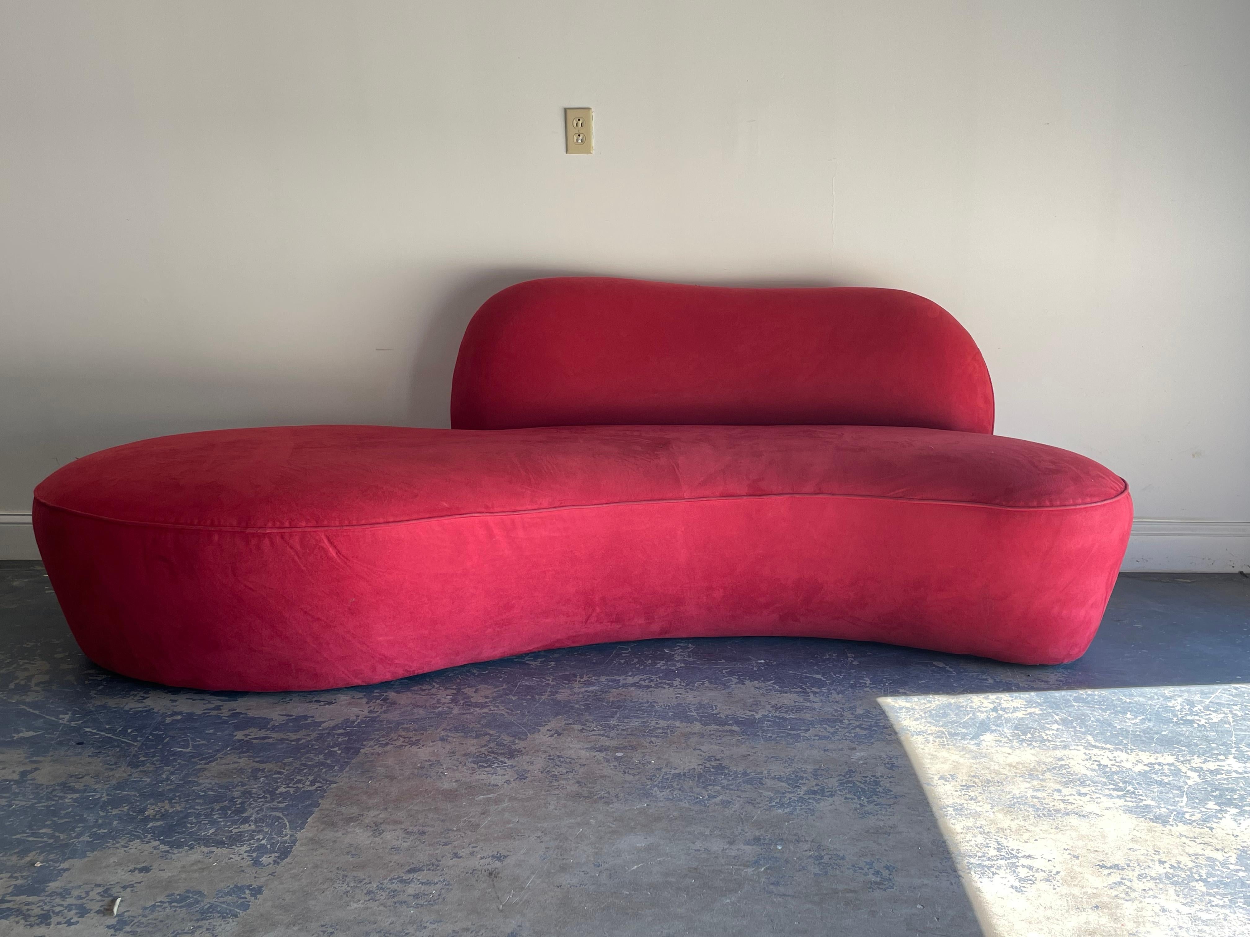 Organic modernist sofa by Vladimir Kagan. Original upholstery is free of any major blemishes but does show signs of wear, such as areas that show more use. 

I have both a matching sofa, and opposing sofa available, all of which being candidates