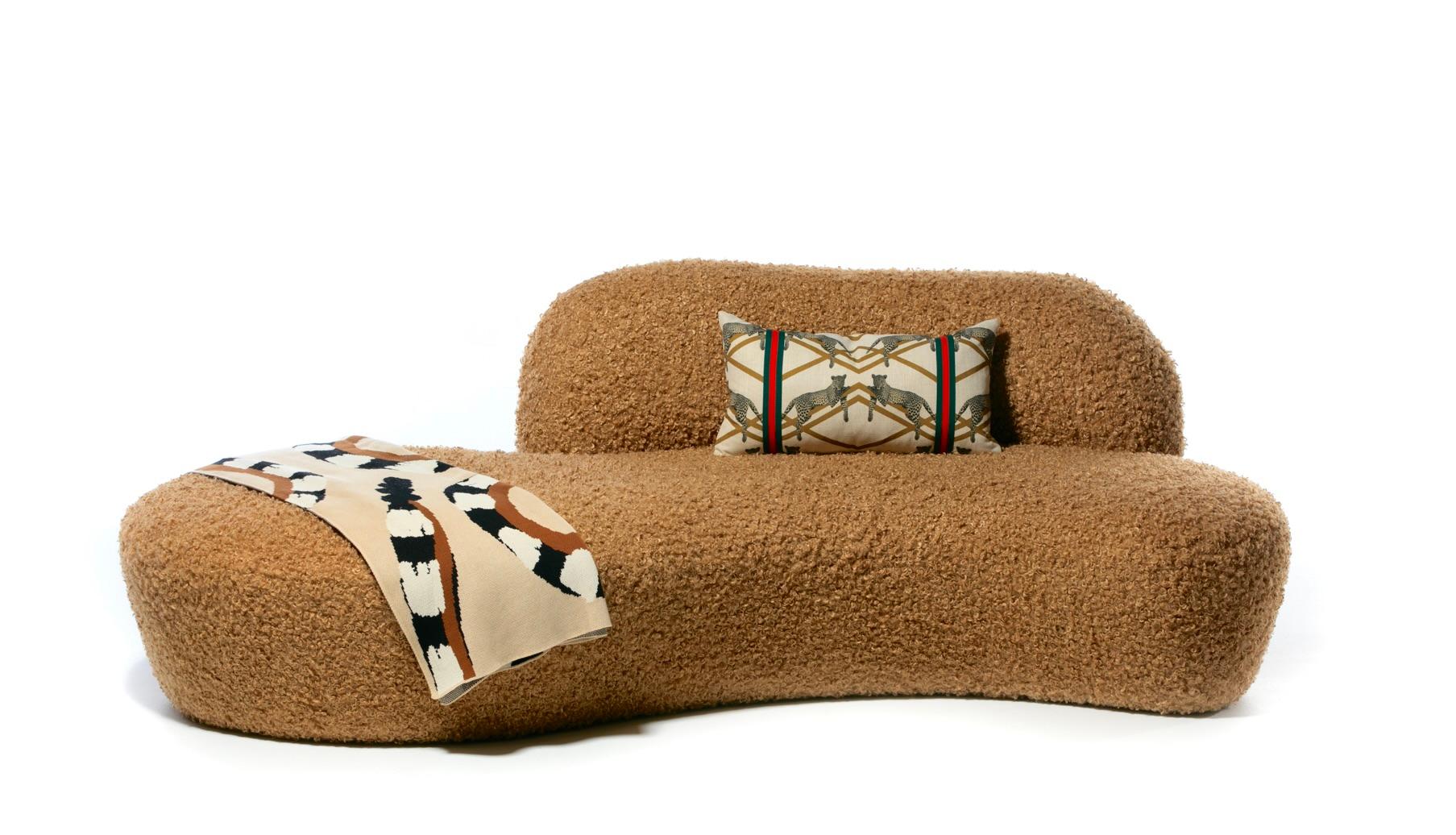 Post-Modern Vladimir Kagan Zoe Sofa for American Leather in Curly Teddy Bear Camel Fabric For Sale
