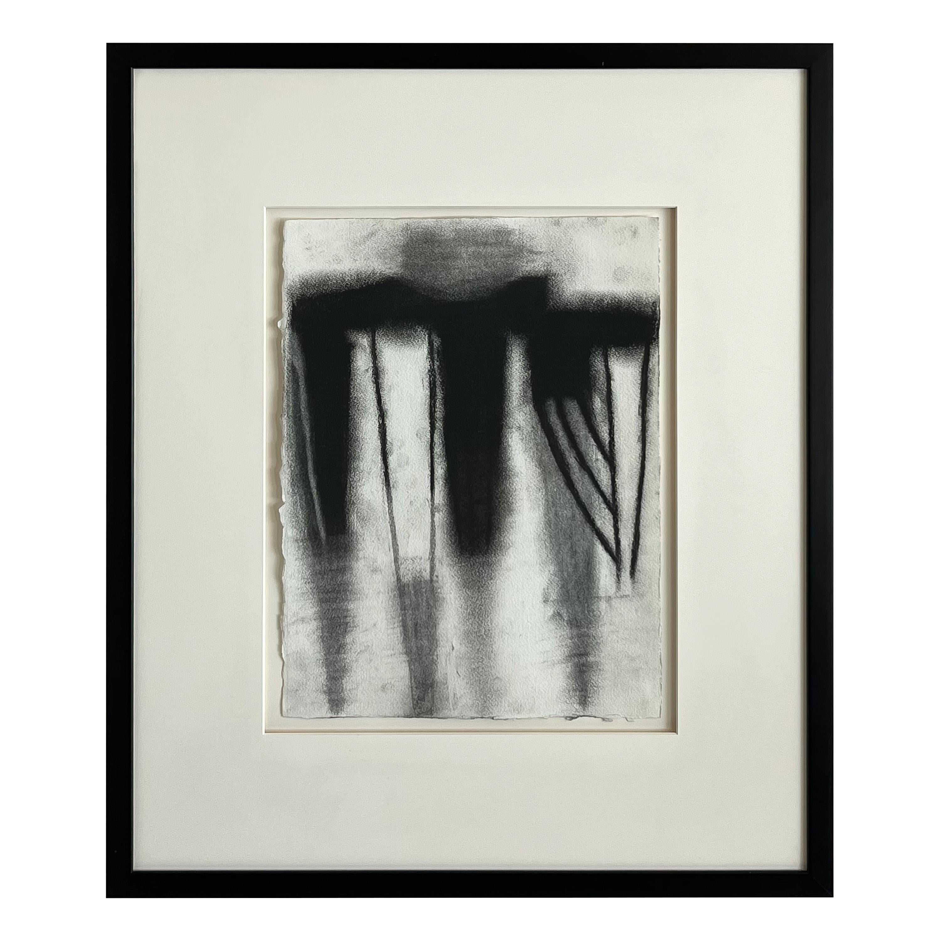 Modernist framed abstract charcoal drawings by Vladimir Ketchens, circa 1993. Untitled 1, 2 and 3. Signed en verso. Striking black and white drawings on paper with raw edges. Float mounted, matted and framed in a 3/4 