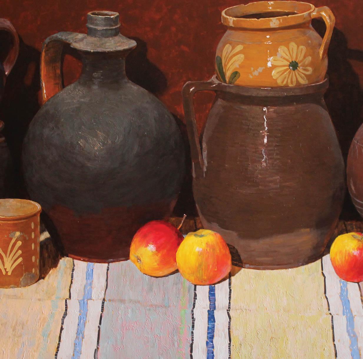 Céramique et pommes - Marron Still-Life Painting par Vladimir Kovalov