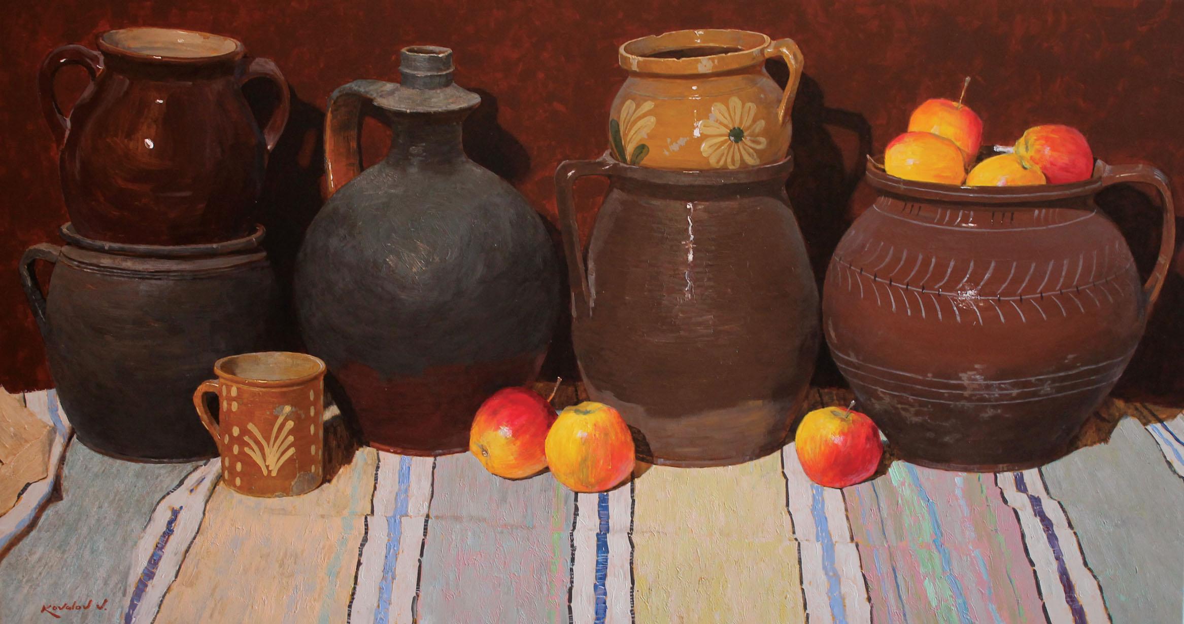 Still-Life Painting Vladimir Kovalov - Céramique et pommes