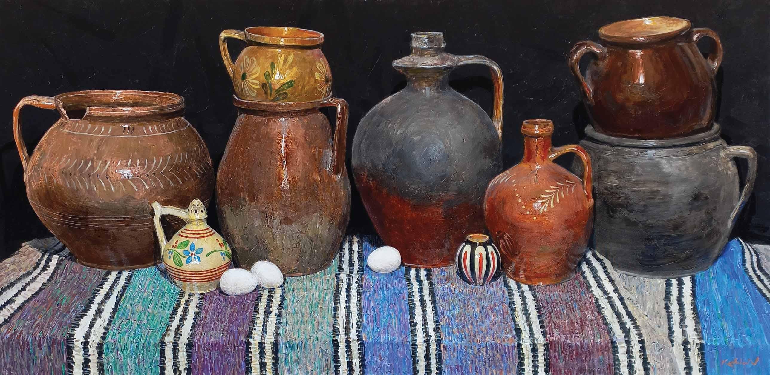 Still-Life Painting Vladimir Kovalov - Céramique et œufs