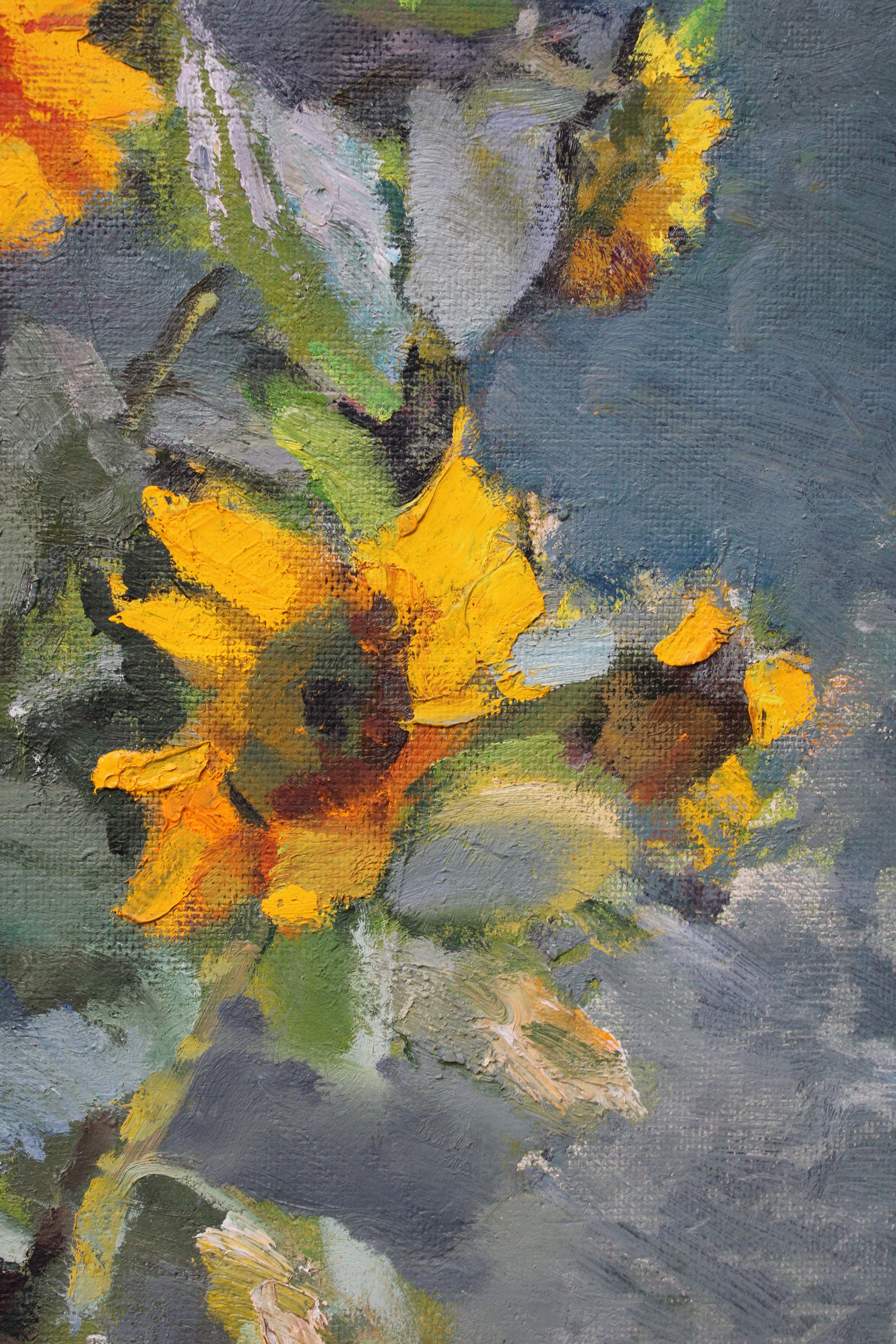 Sonnenblumen. 1994, Karton, Öl, 50x60 cm im Angebot 1