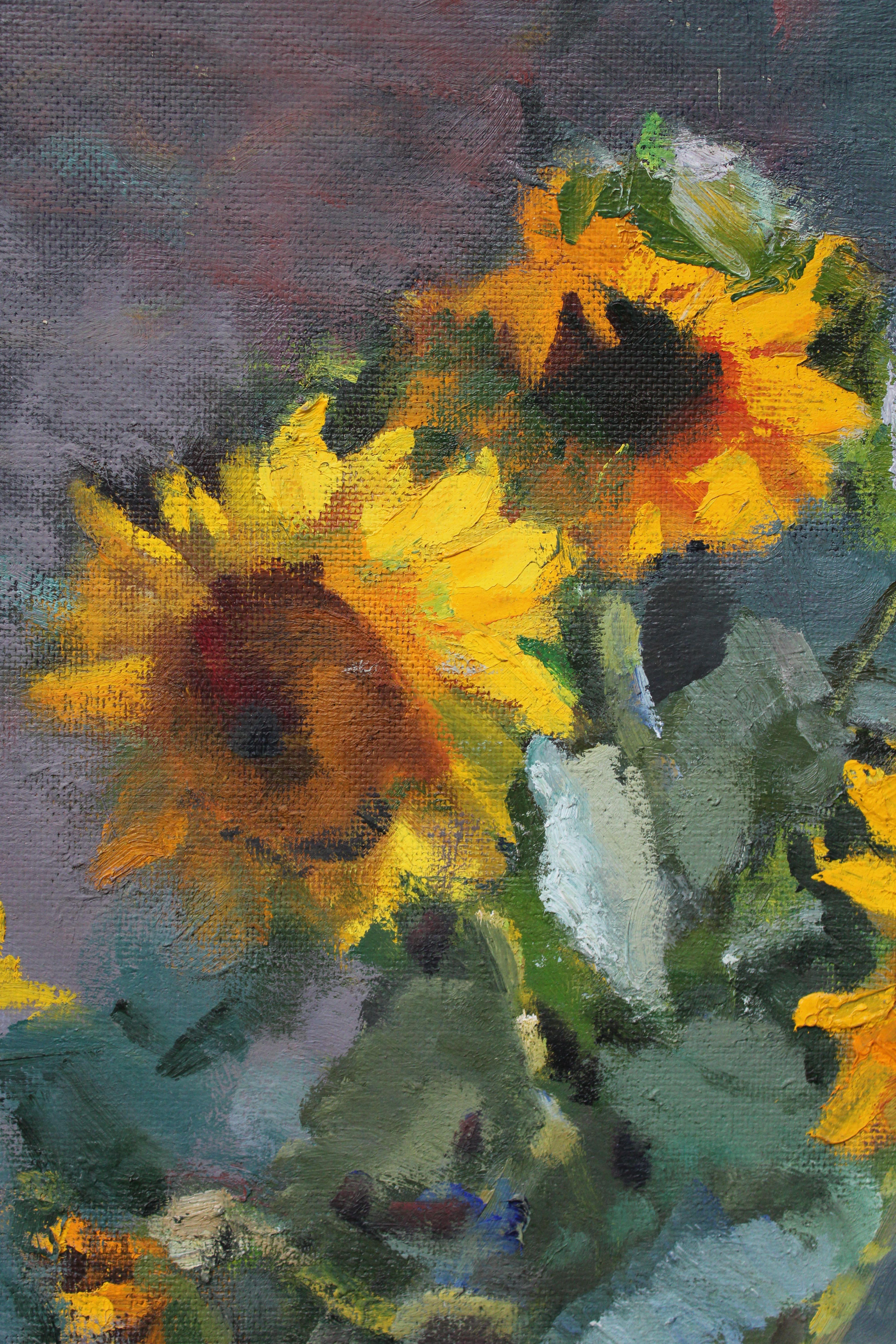 Sunflowers. 1994, cardboard, oil, 50x60 cm - Impressionist Painting by Vladimir Kozin 