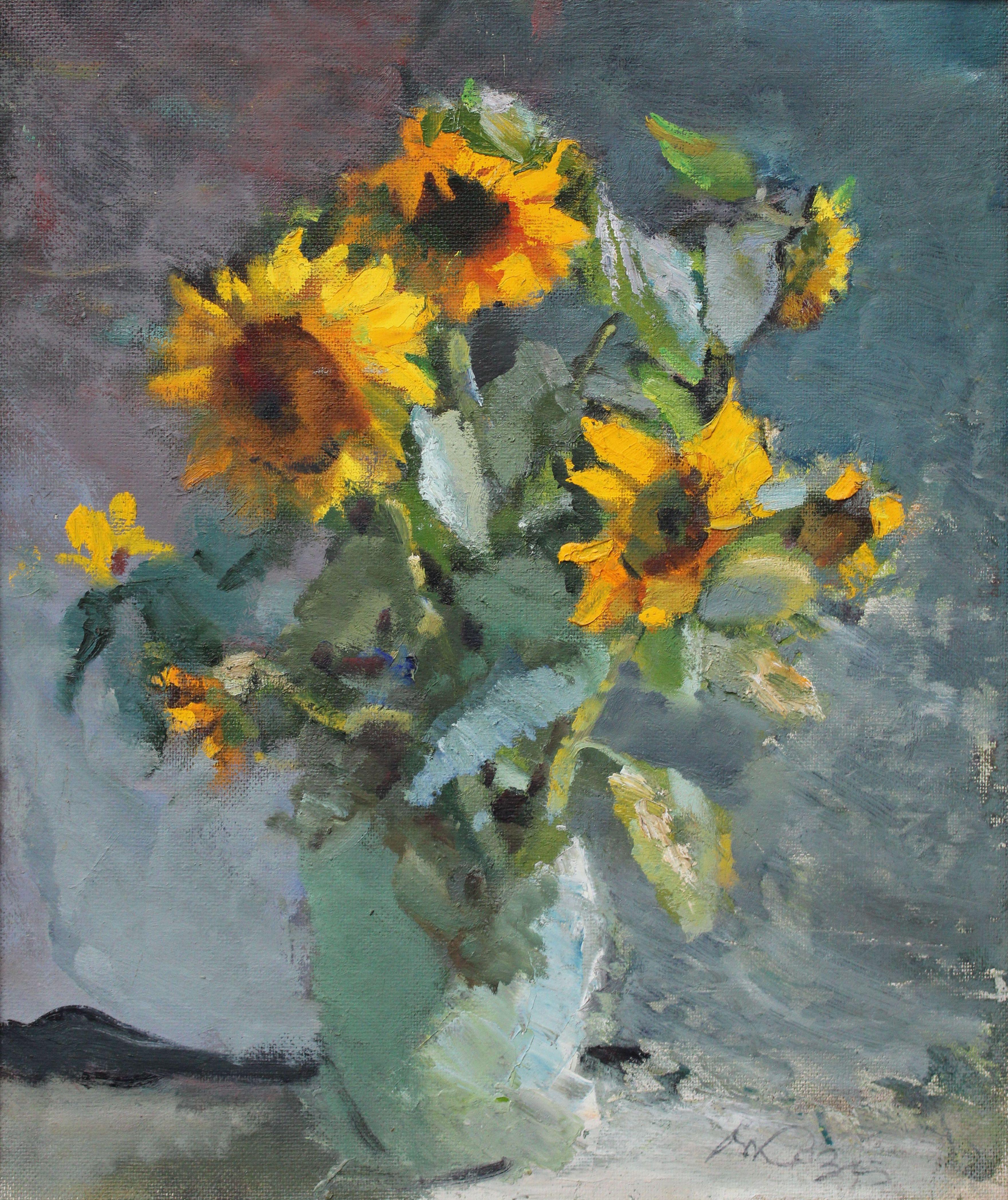 Sonnenblumen. 1994, Karton, Öl, 50x60 cm – Painting von Vladimir Kozin 