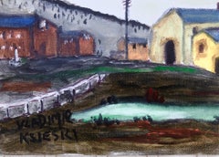 Industrial city with river oil painting seascape