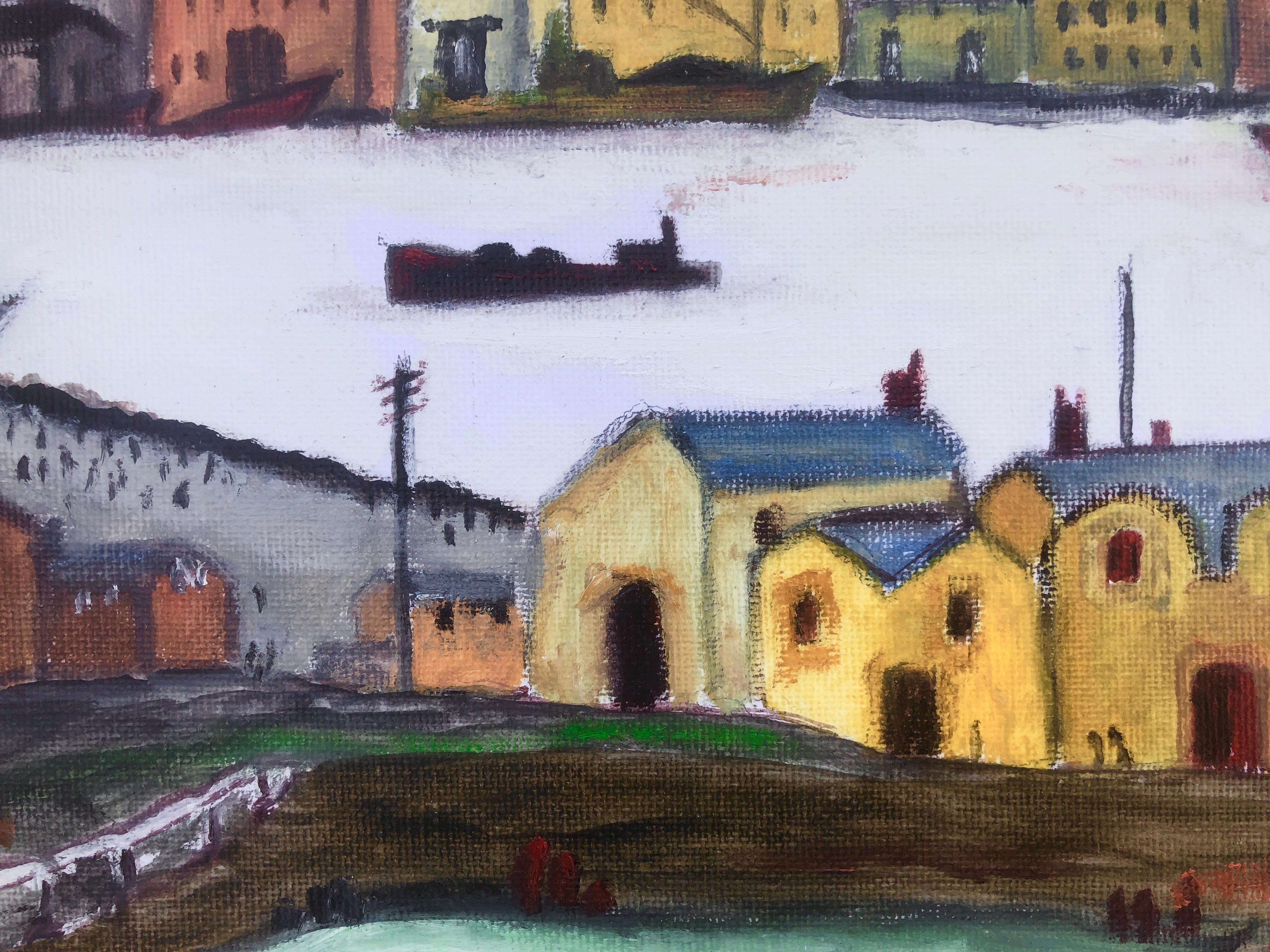 Ciudad industrial con río pintura al óleo paisaje marino - Painting Fauvista de Vladimir Ksieski