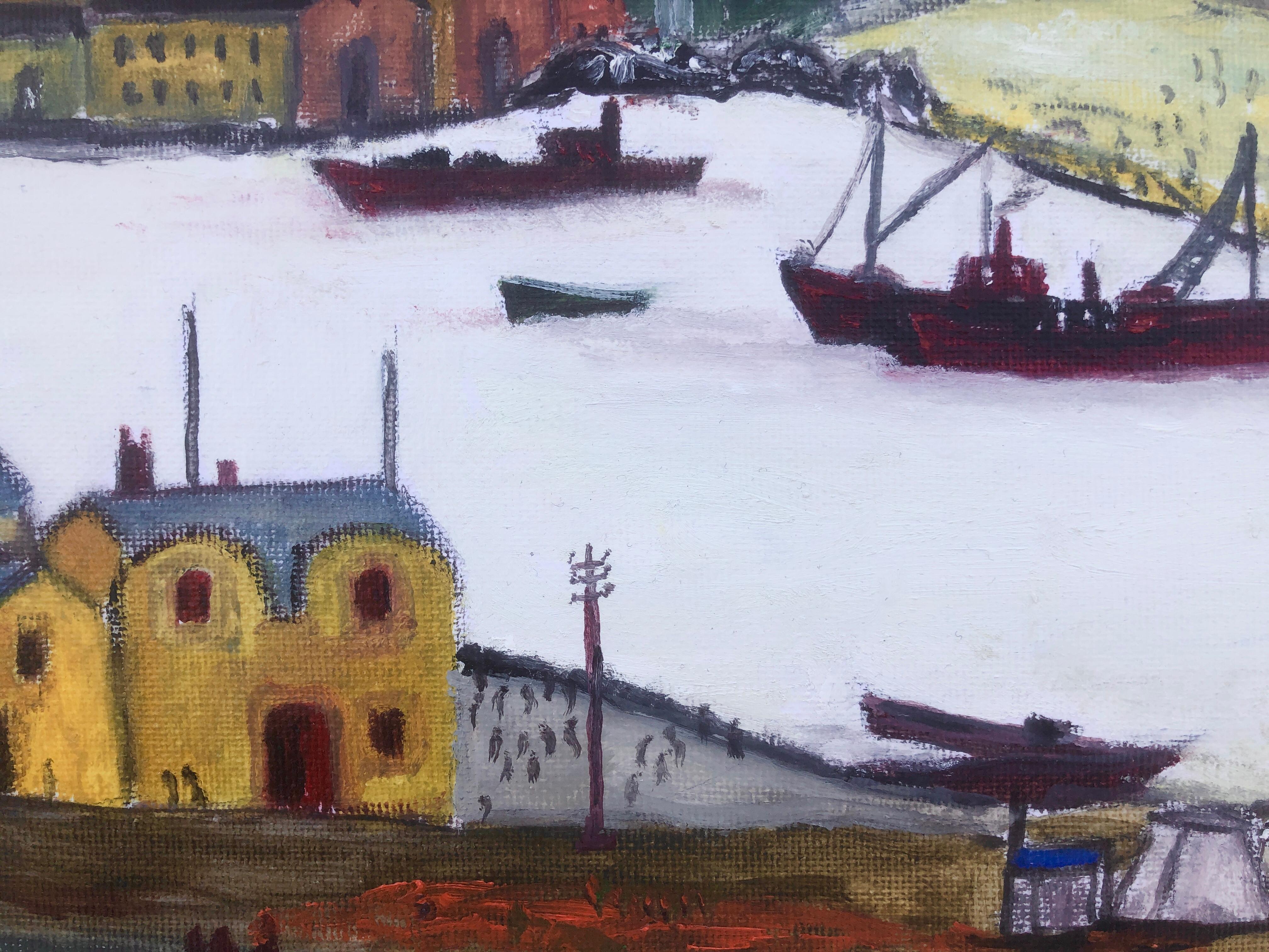 Ciudad industrial con río pintura al óleo paisaje marino 1
