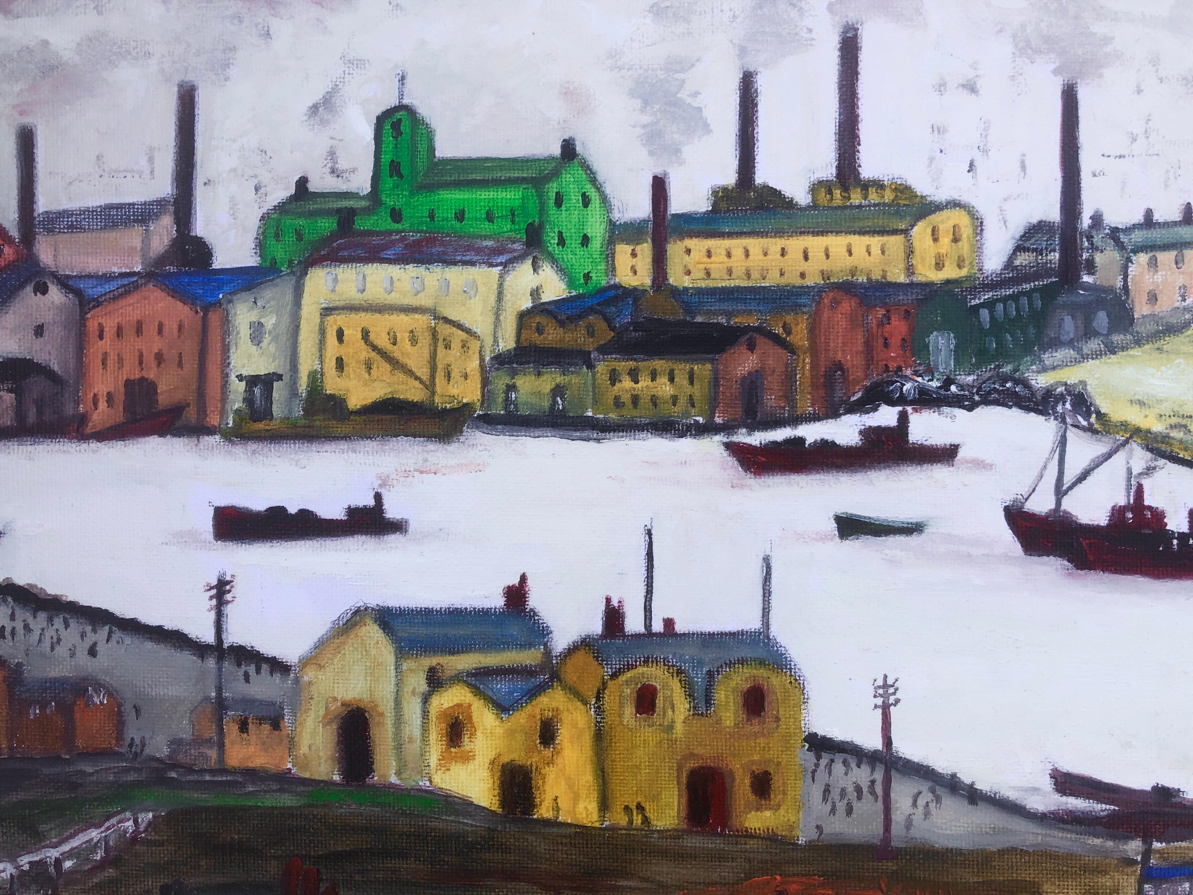 Industrial city with river oil painting seascape 1