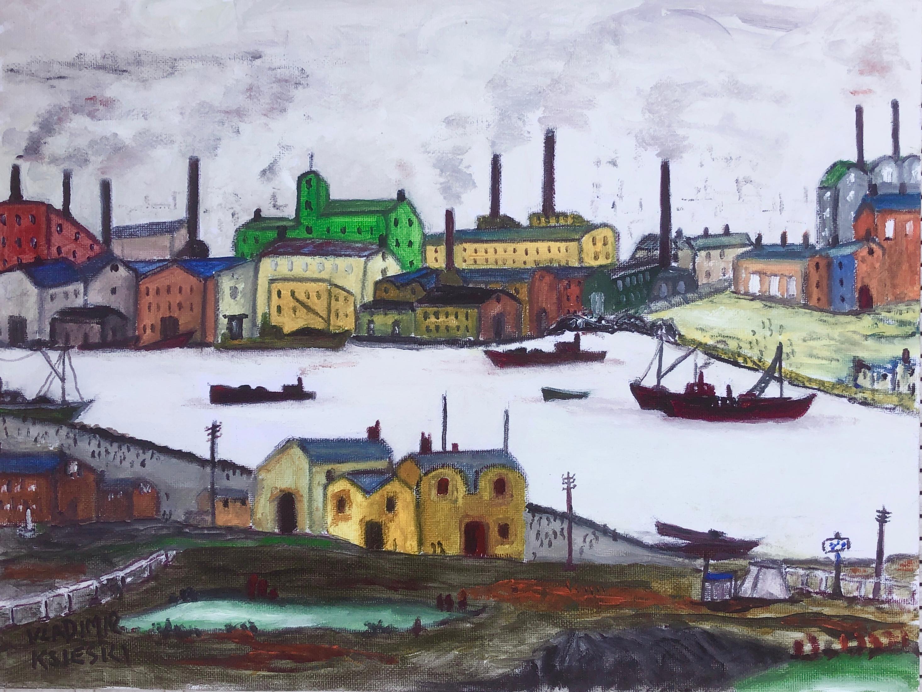 Industrial city with river oil painting seascape
