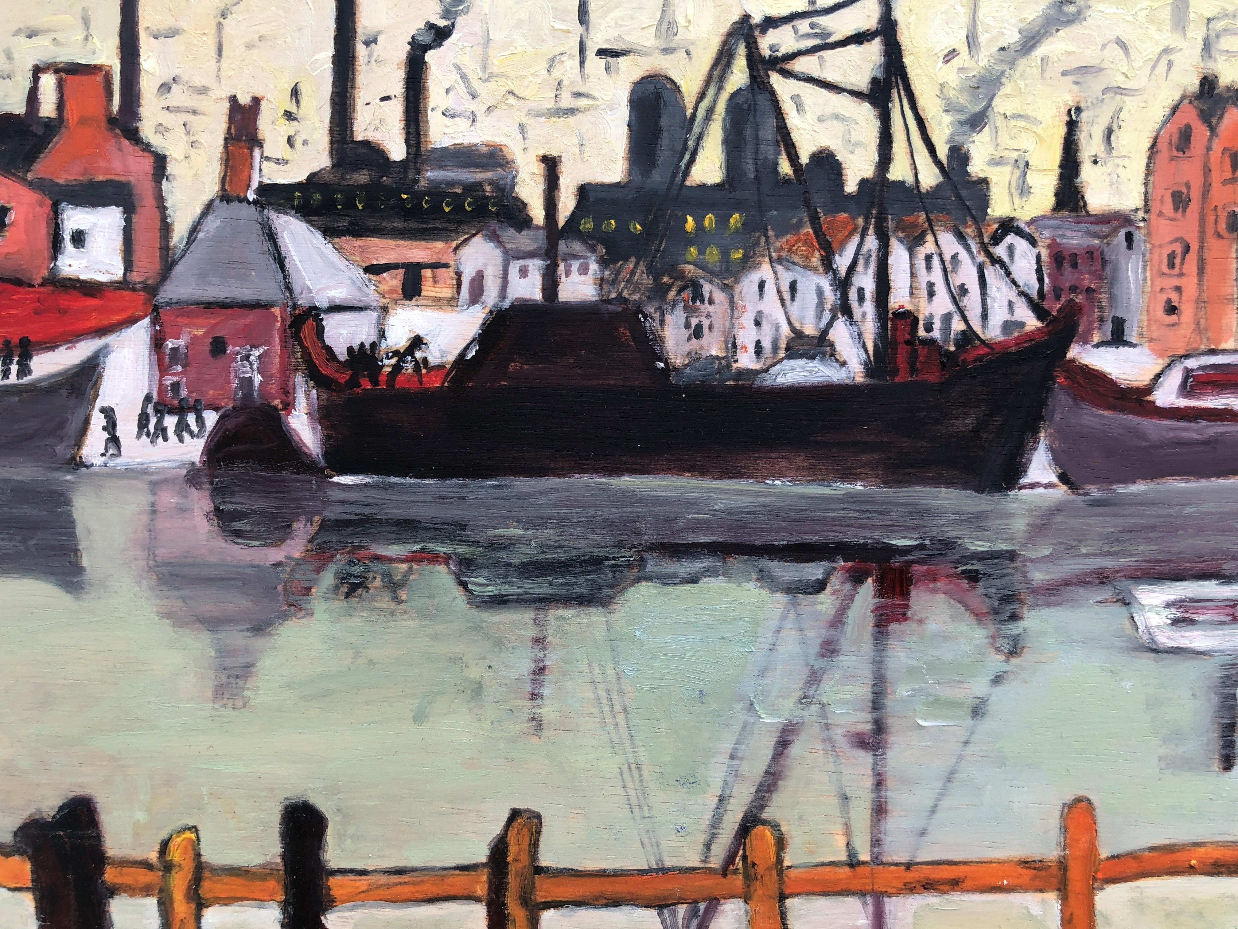 Industrial port, 1930s oil on board painting seascape - Brown Landscape Painting by Vladimir Ksieski