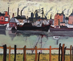 Industrial port, 1930s oil on board painting seascape