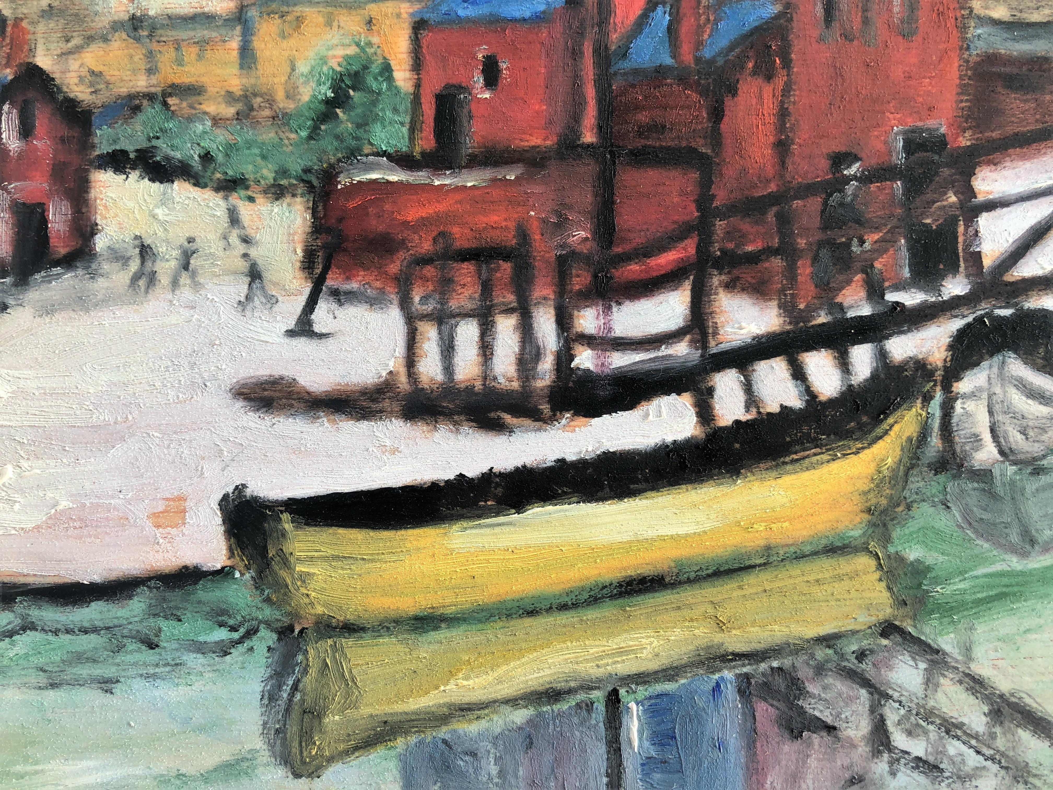 Peinture à l'huile - Paysage avec paysage marin, rivière et bateau - Fauvisme Painting par Vladimir Ksieski