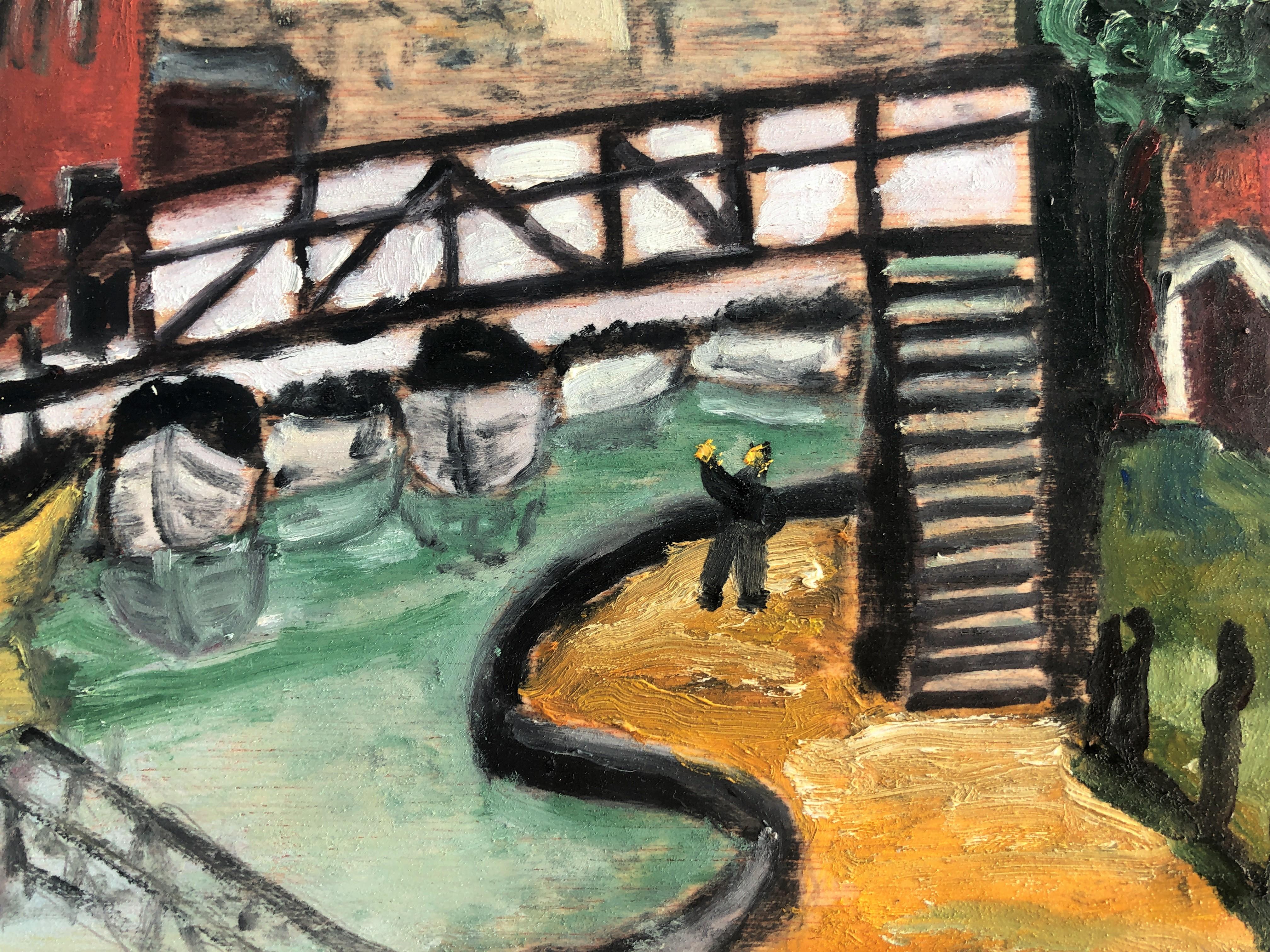 Peinture à l'huile - Paysage avec paysage marin, rivière et bateau en vente 1