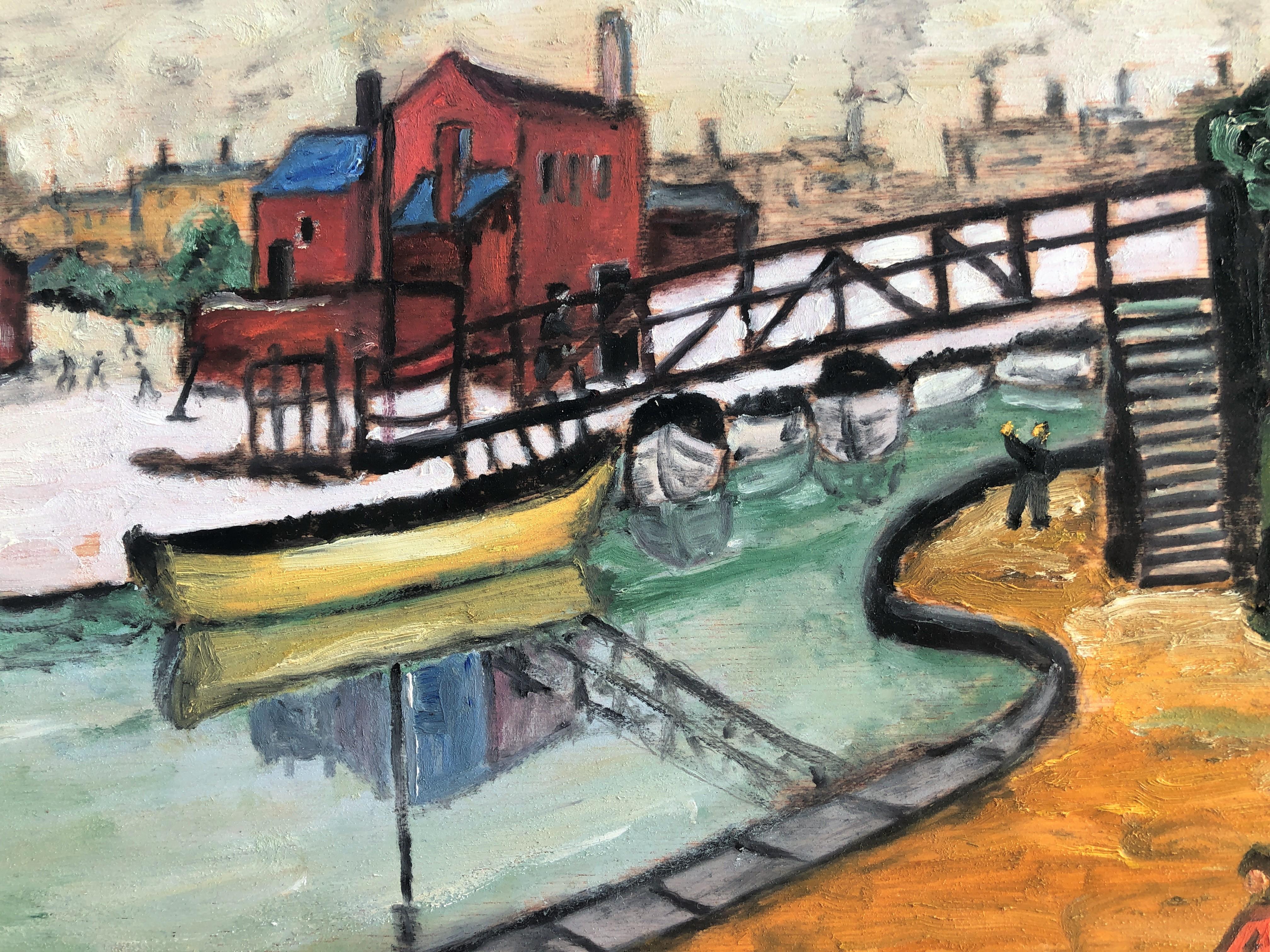 Peinture à l'huile - Paysage avec paysage marin, rivière et bateau en vente 2