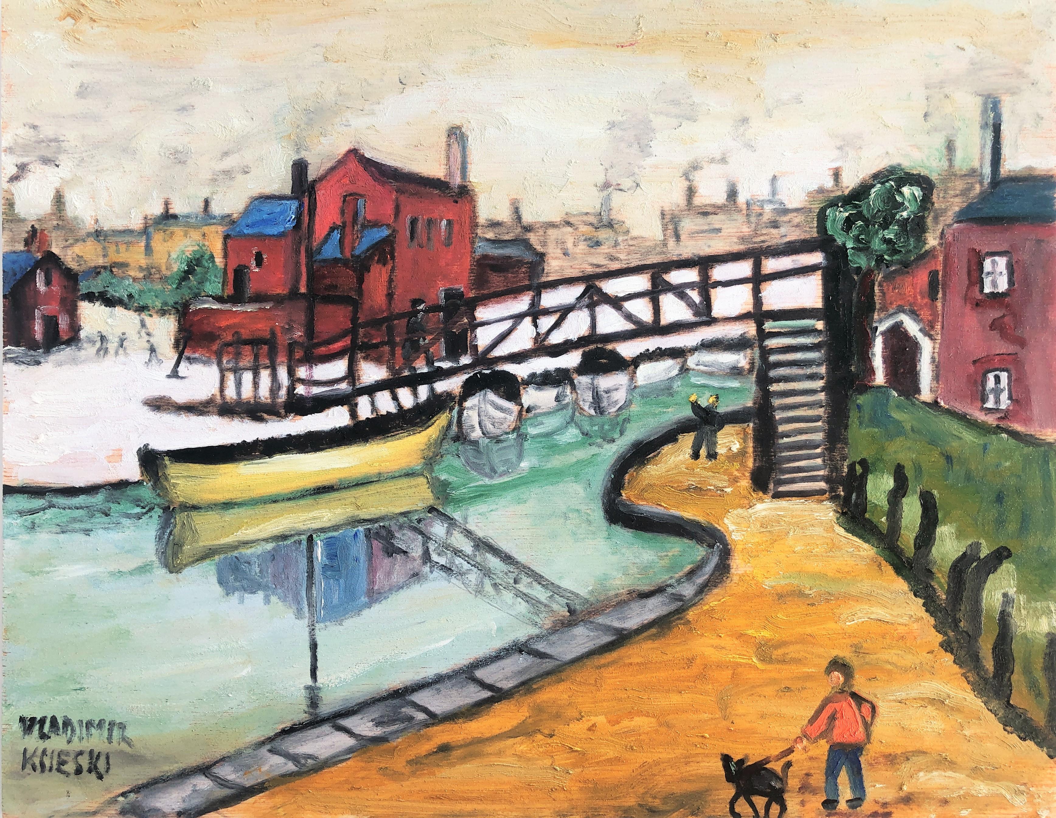 Peinture à l'huile - Paysage avec paysage marin, rivière et bateau