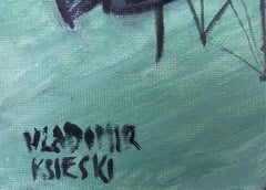 Landscape with river and boats oil painting seascape