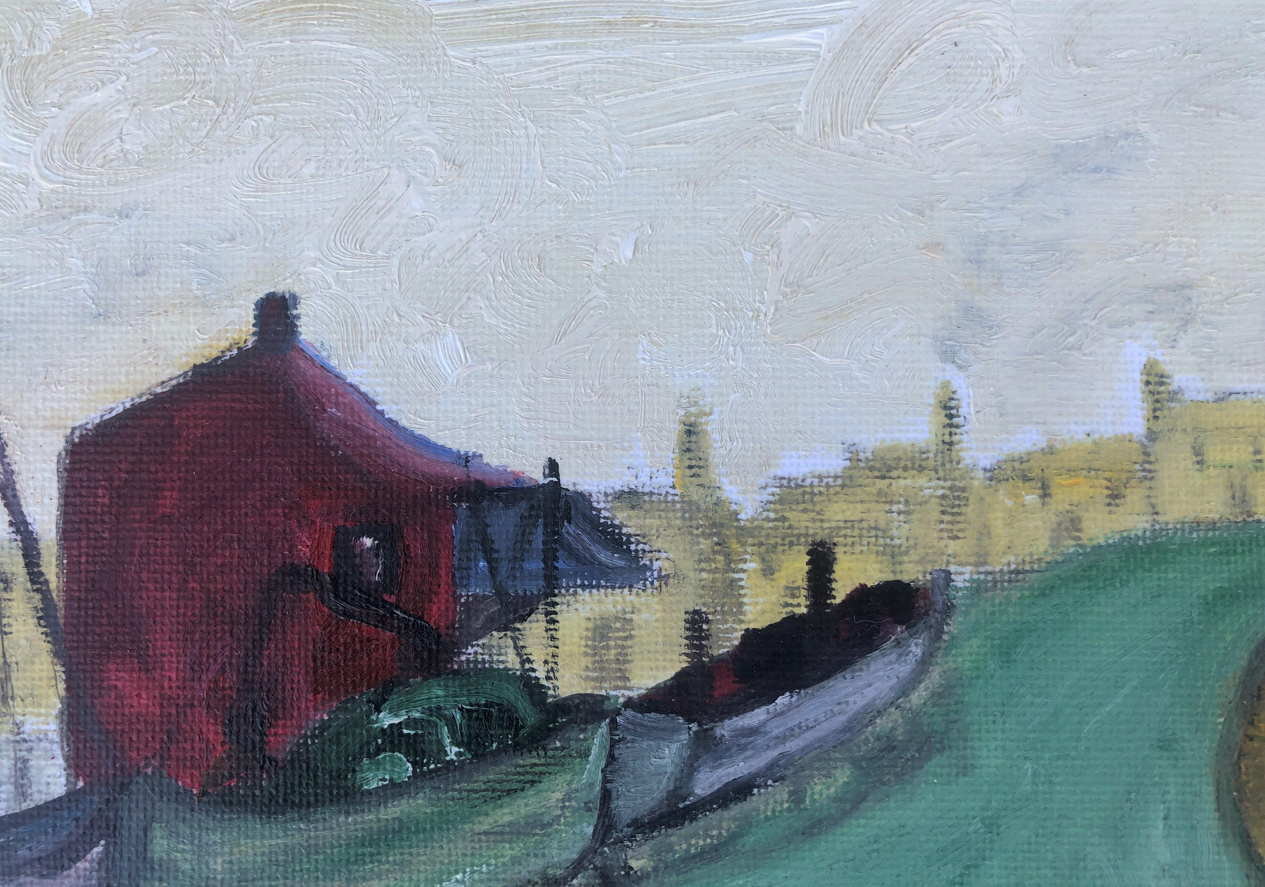 Peinture à l'huile de paysage avec rivières et bateaux en vente 1
