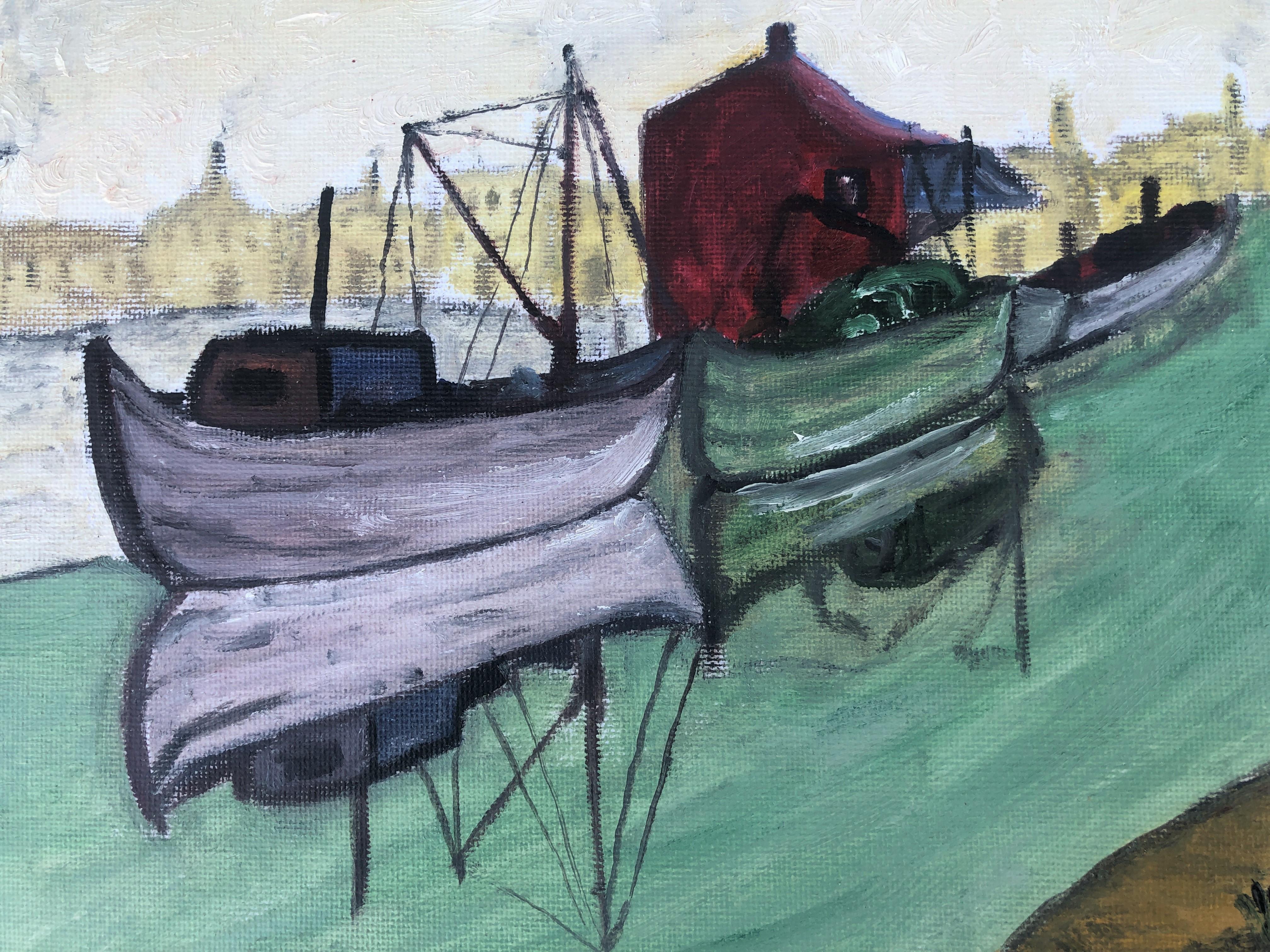 Peinture à l'huile de paysage avec rivières et bateaux en vente 2