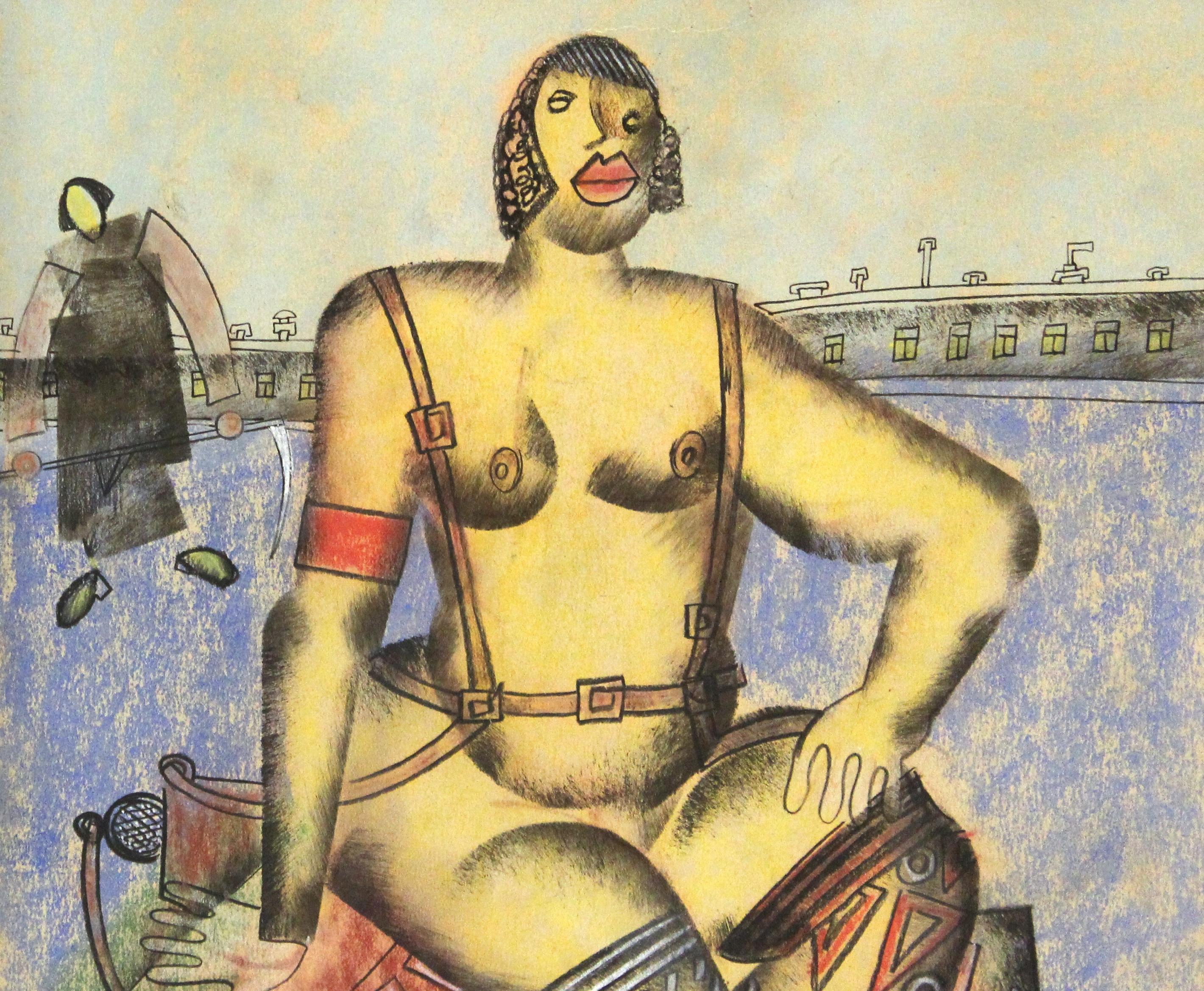 Hand-Painted Vladimir Lebedev Russian Avant-Garde 'Working Girl' Mixed Media Work on Paper For Sale