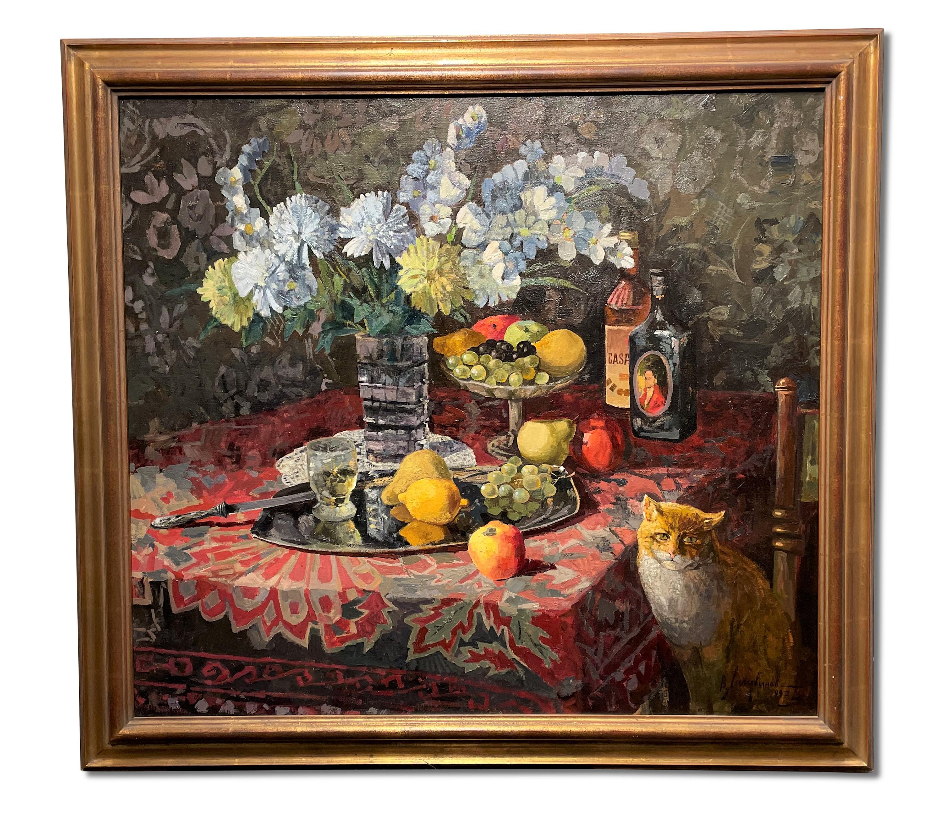 Vladimir Litveenov Still-Life Painting - STILL LIFE WITH CAT