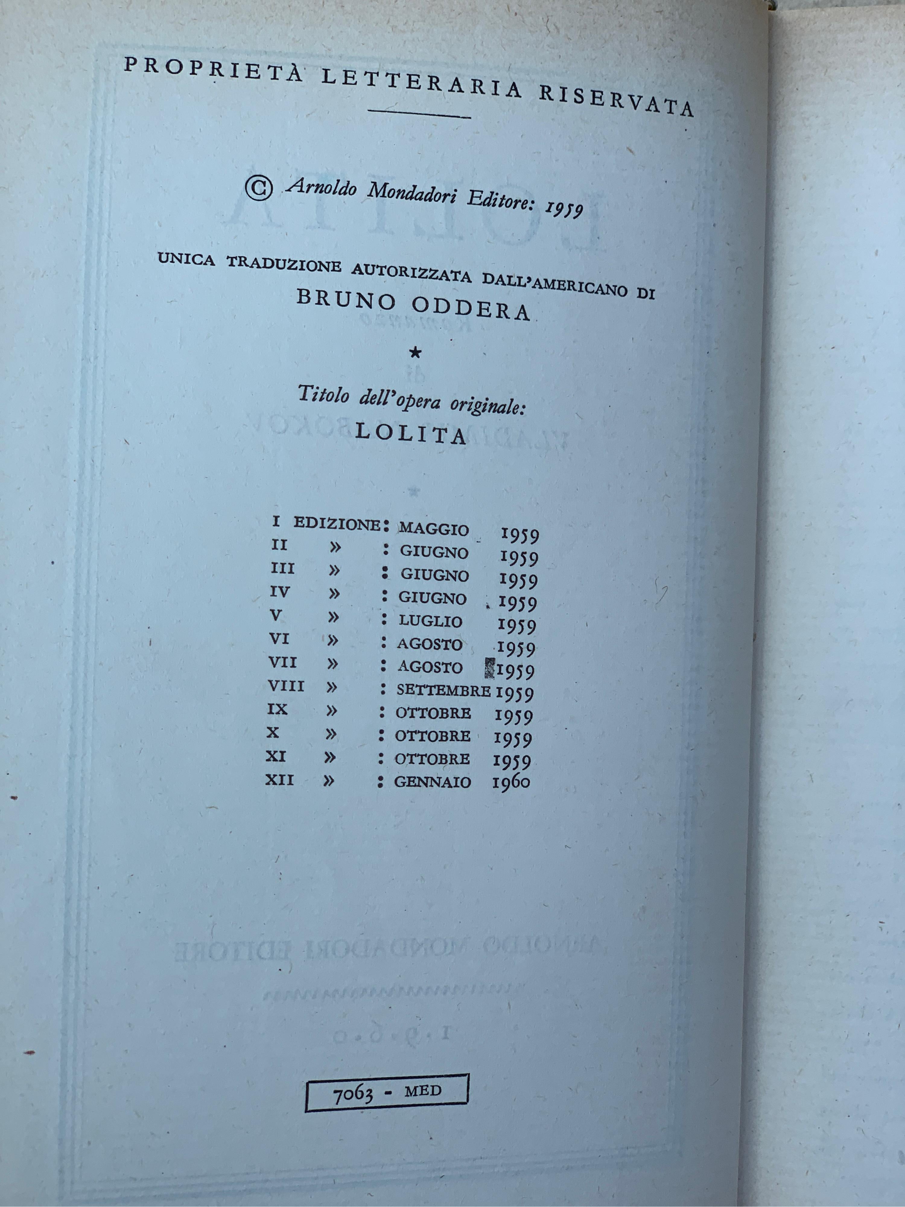 Russian Vladimir Nabokov ‘Lolita’ 1959 in Italian, Medusa