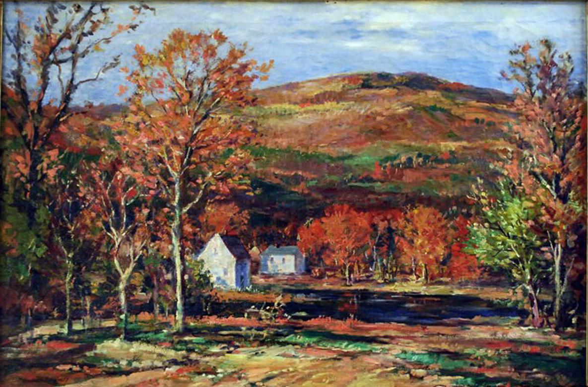 Untitled - {NH or VT Autum Scene, Mtns, Pond, House, Foliage} - Painting by Vladimir Pavlosky