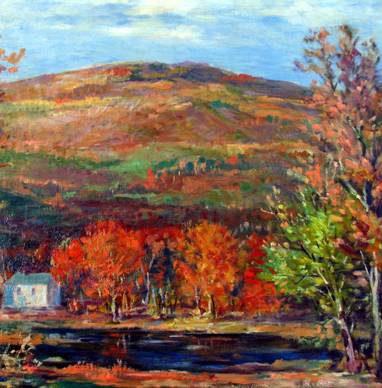 Untitled - {NH or VT Autum Scene, Mtns, Pond, House, Foliage} - Brown Landscape Painting by Vladimir Pavlosky