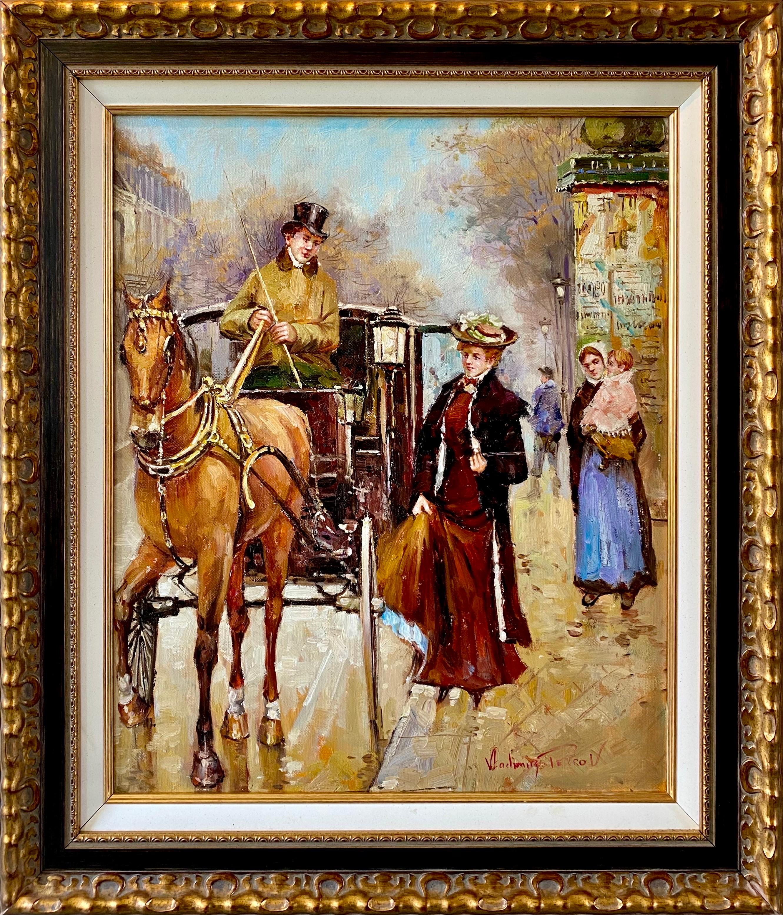 Vladimir Petrov Figurative Painting - 19th century style French impressionist - Horse carriage ride Paris 