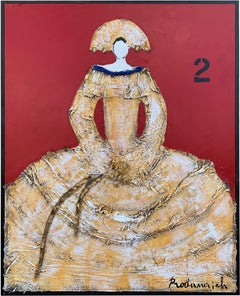 'Red Queen II' Mixed Media Figurative Portrait Featuring Red, Golds and Black