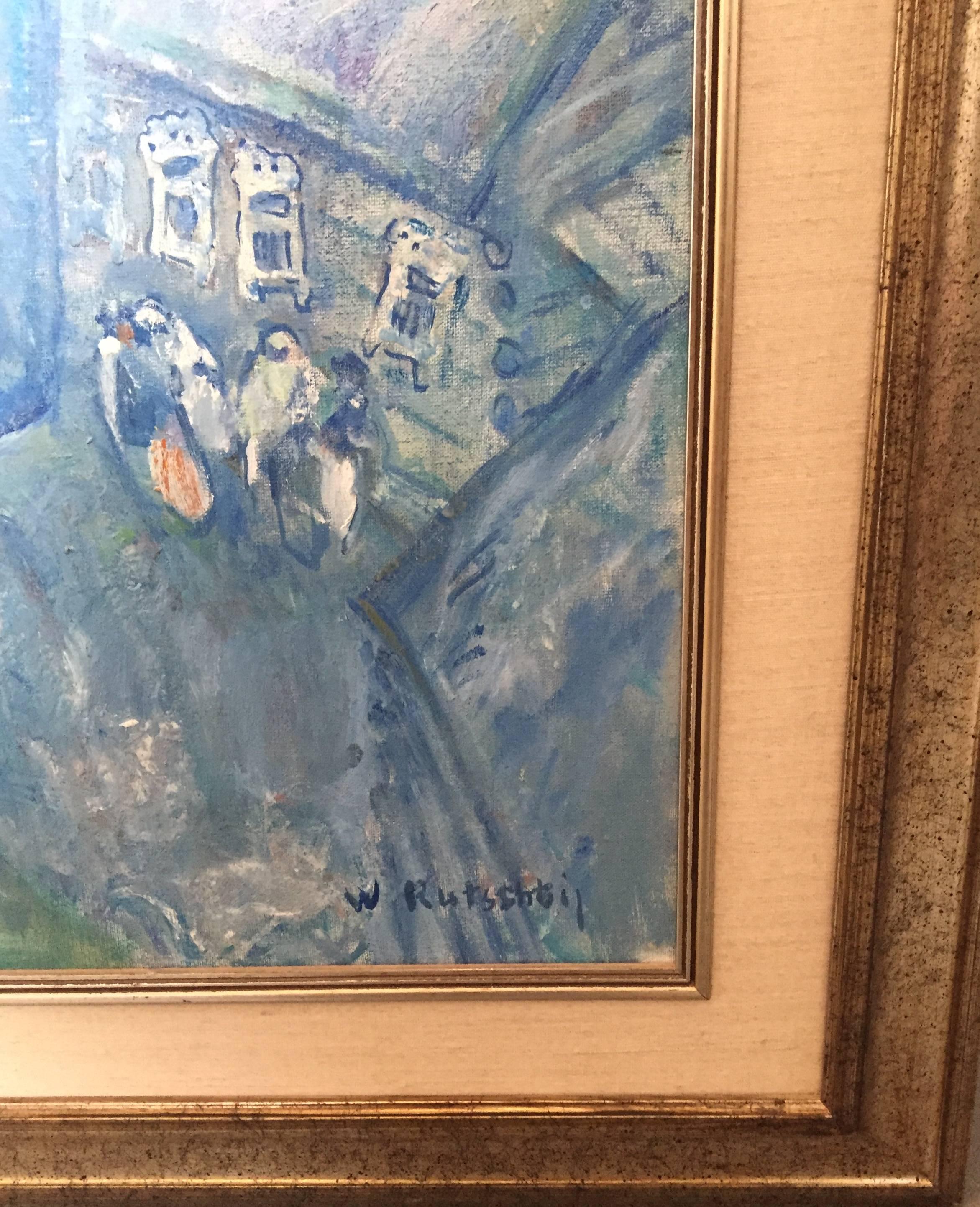 Shtetl Wasserträger, Judaica Ölgemälde (Blau), Figurative Painting, von Vladimir Rutstein