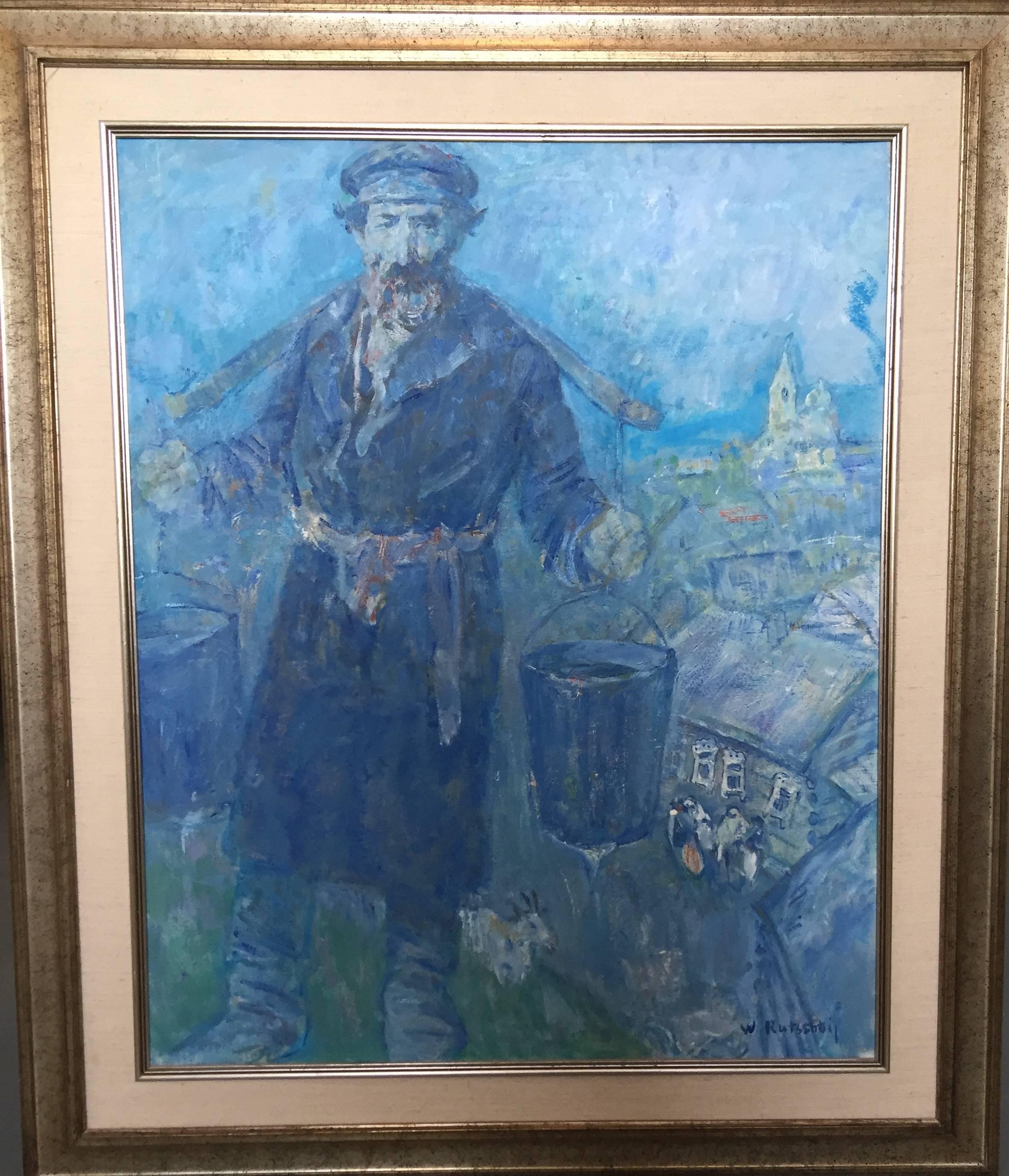 Shtetl Water Carrier, Judaica Oil Painting For Sale 2