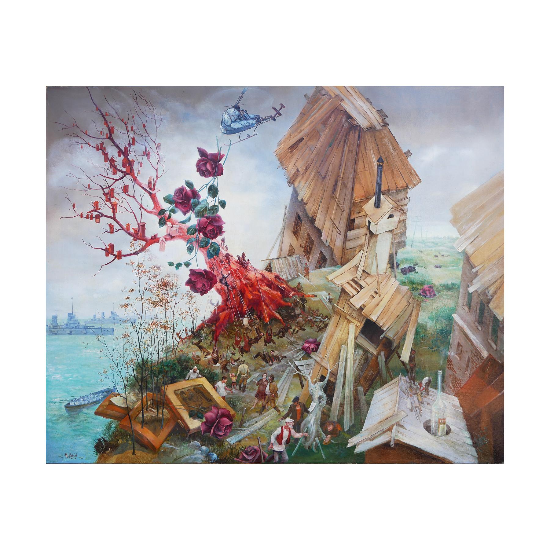 Pittura astratta di paesaggio surreale rossa, blu e marrone - Painting di Vladimir Ryklin
