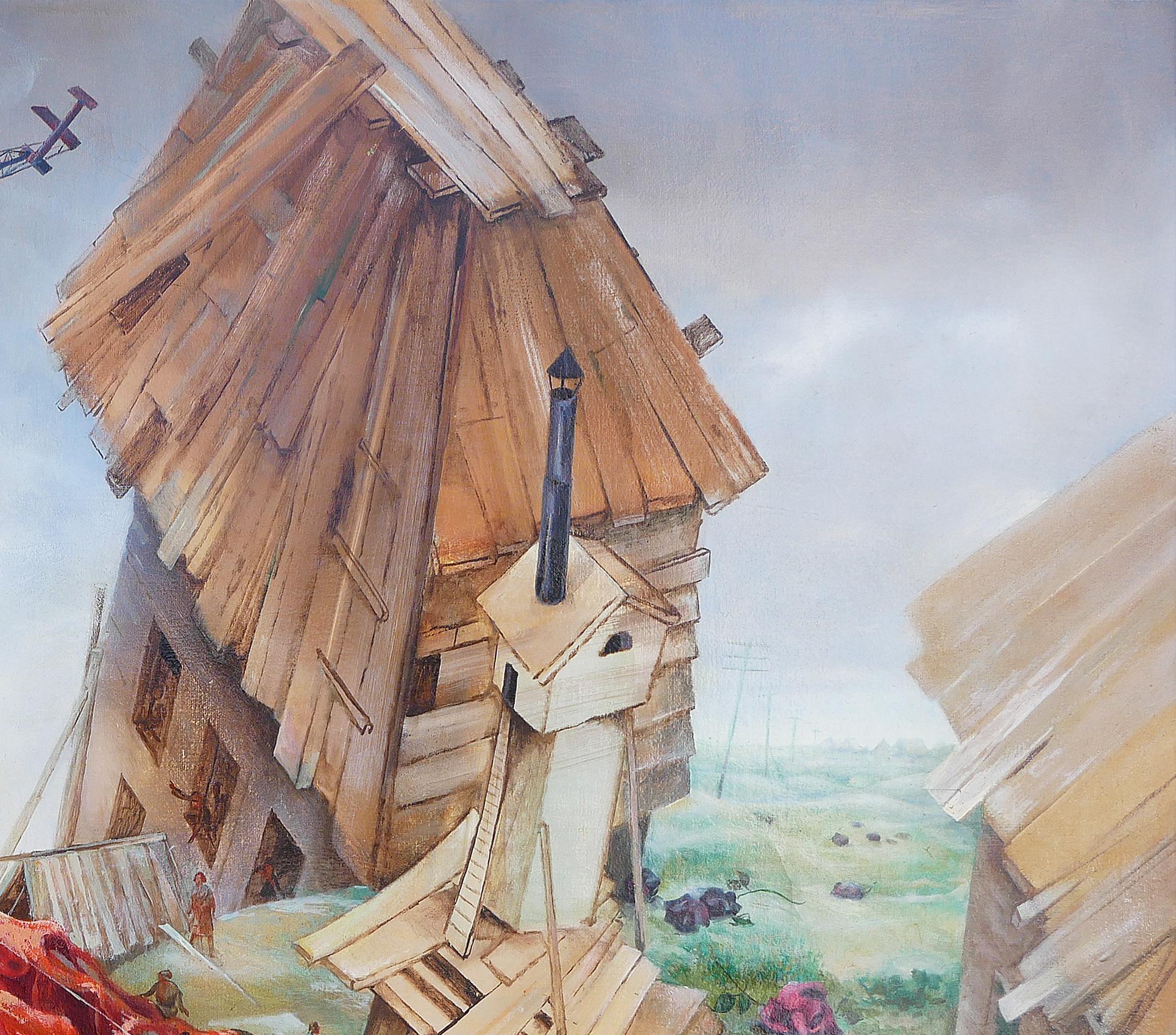 Rote, rosa, blaue und braune abstrakte surrealistische Malerei des sowjetisch-amerikanischen Künstlers Vladimir Ryklin. Das Gemälde stellt ein Dorf dar, das sich nach einer chaotischen Zeit zu rehabilitieren scheint. Die blühenden dunkelrosafarbenen