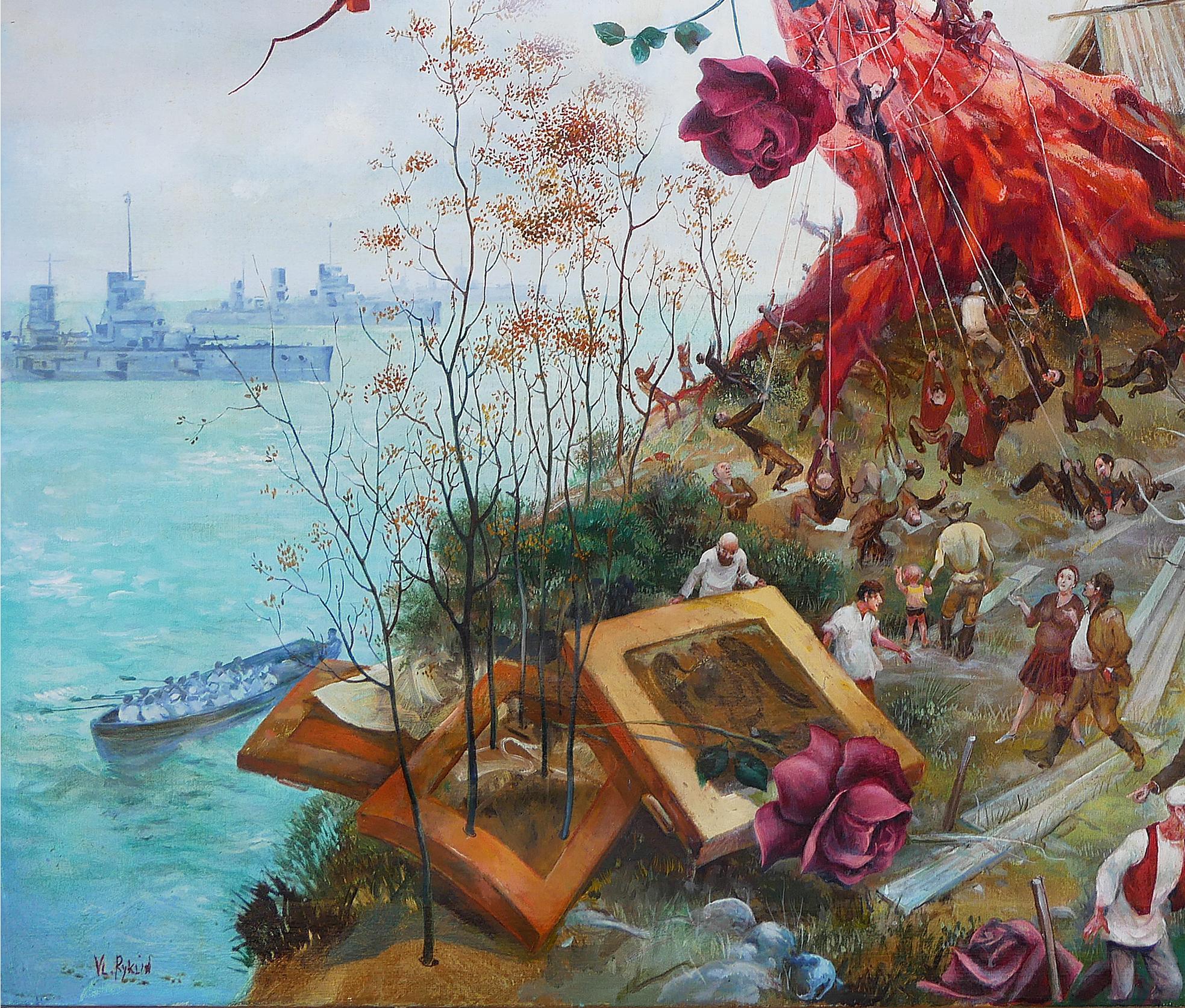 Pittura astratta di paesaggio surreale rossa, blu e marrone - Landscape Painting Grigio di Vladimir Ryklin