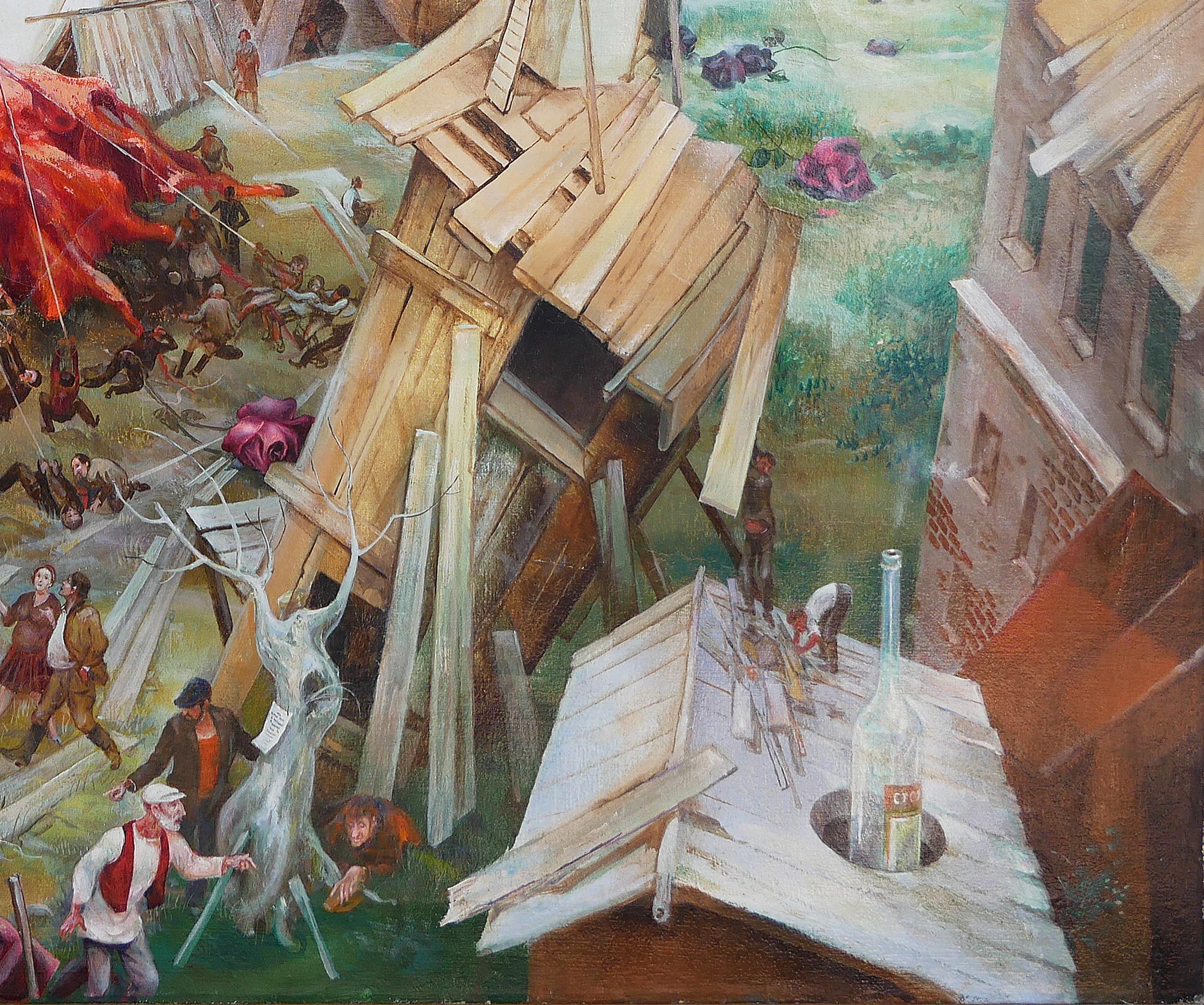 Quadro astratto surrealista rosso, rosa, blu e marrone dell'artista sovietico-americano Vladimir Ryklin. Il dipinto raffigura quello che sembra essere un villaggio in via di riabilitazione dopo un periodo caotico. Le rose rosa scuro che sbocciano