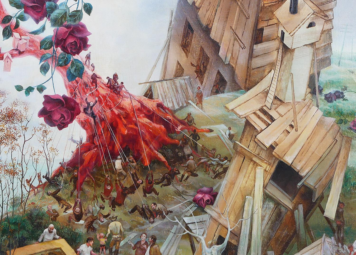 Pittura astratta di paesaggio surreale rossa, blu e marrone in vendita 1