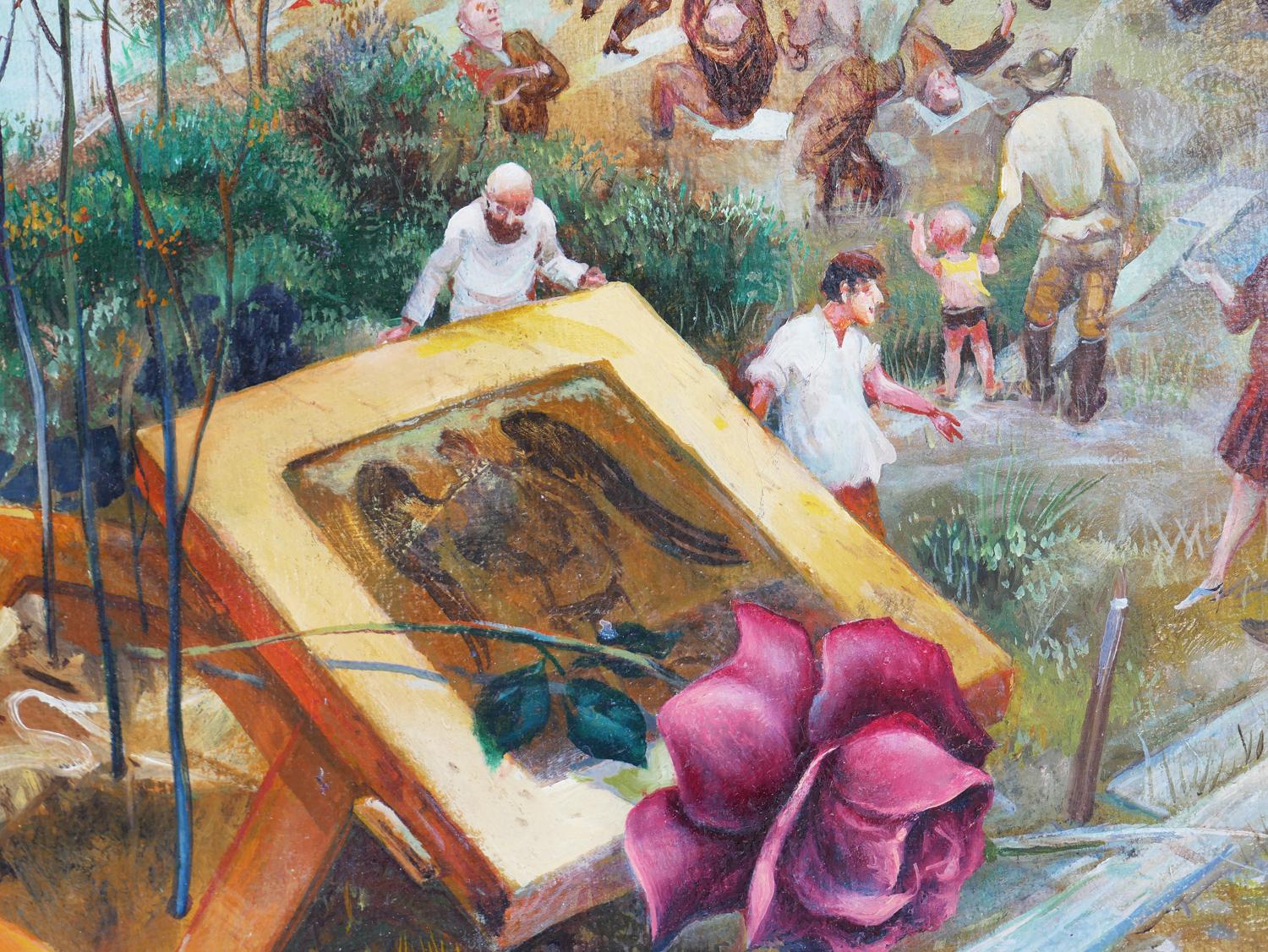 Pittura astratta di paesaggio surreale rossa, blu e marrone in vendita 3