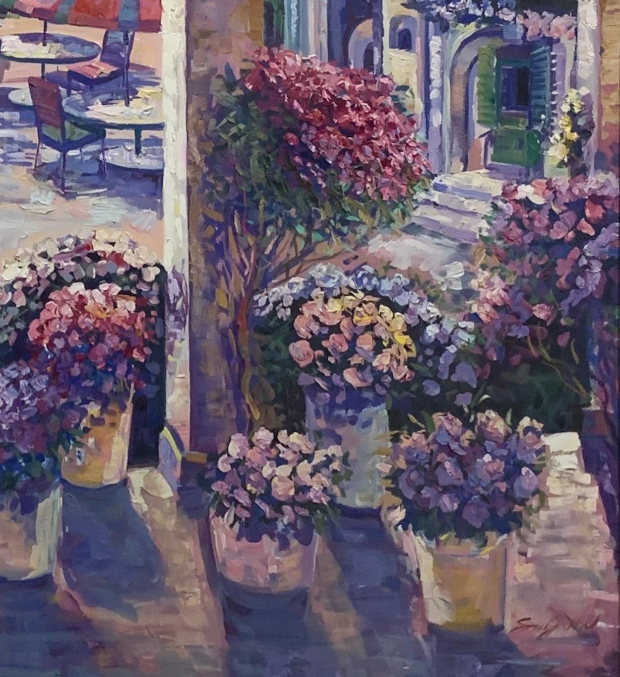 Santorini Patio - Gray Landscape Painting by Vladimir Shulakov