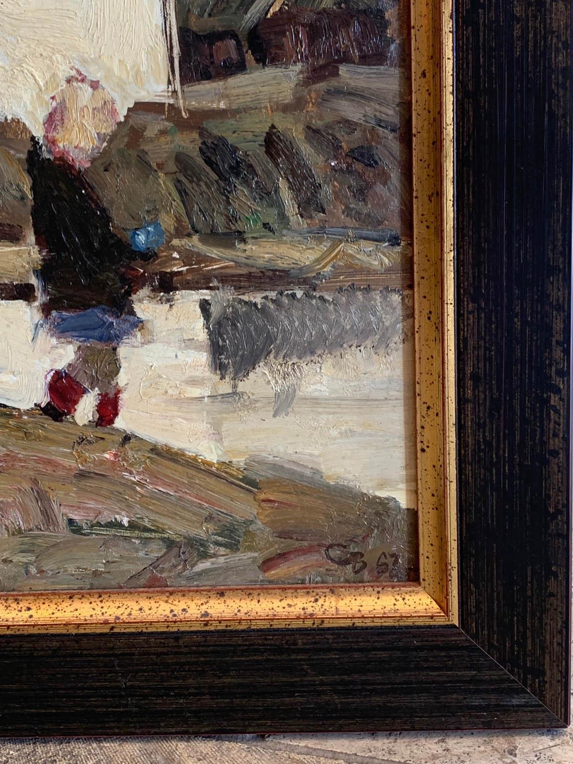 Jeune fille devant l'église St. George - Gris Figurative Painting par Vladimir Skryabin