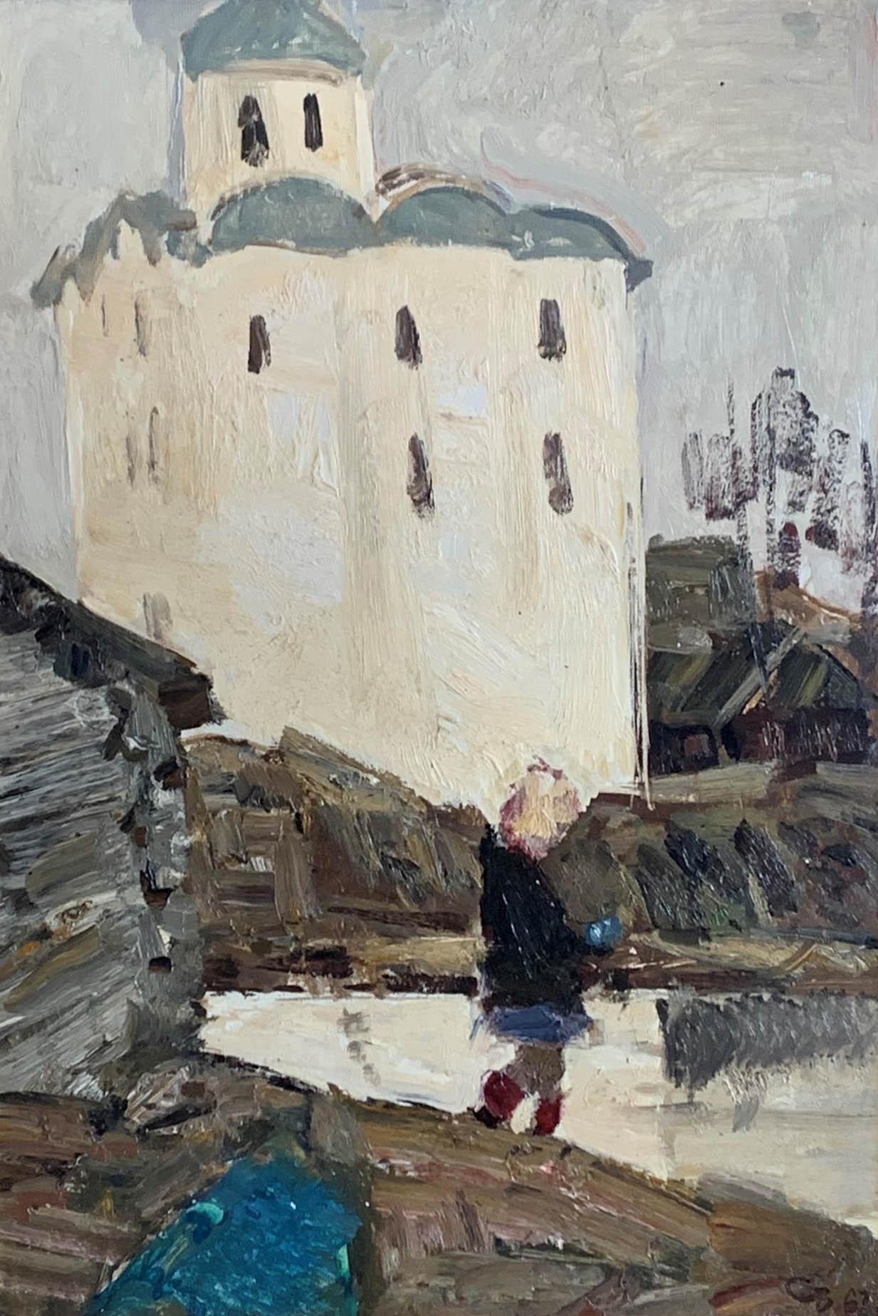 Vladimir Skryabin Figurative Painting - Girl in Front of St. George Church