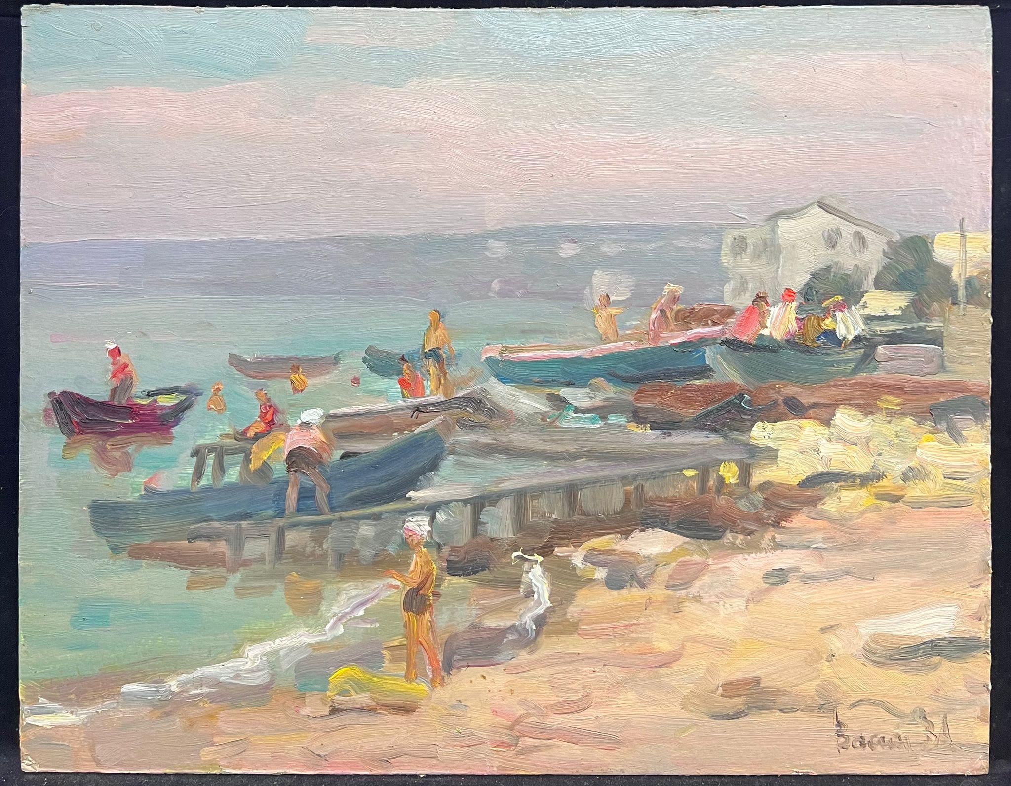 Figure con barche che giocano sulla spiaggia Pittura ad olio impressionista russa 1975 - Painting di Vladimir Vassine